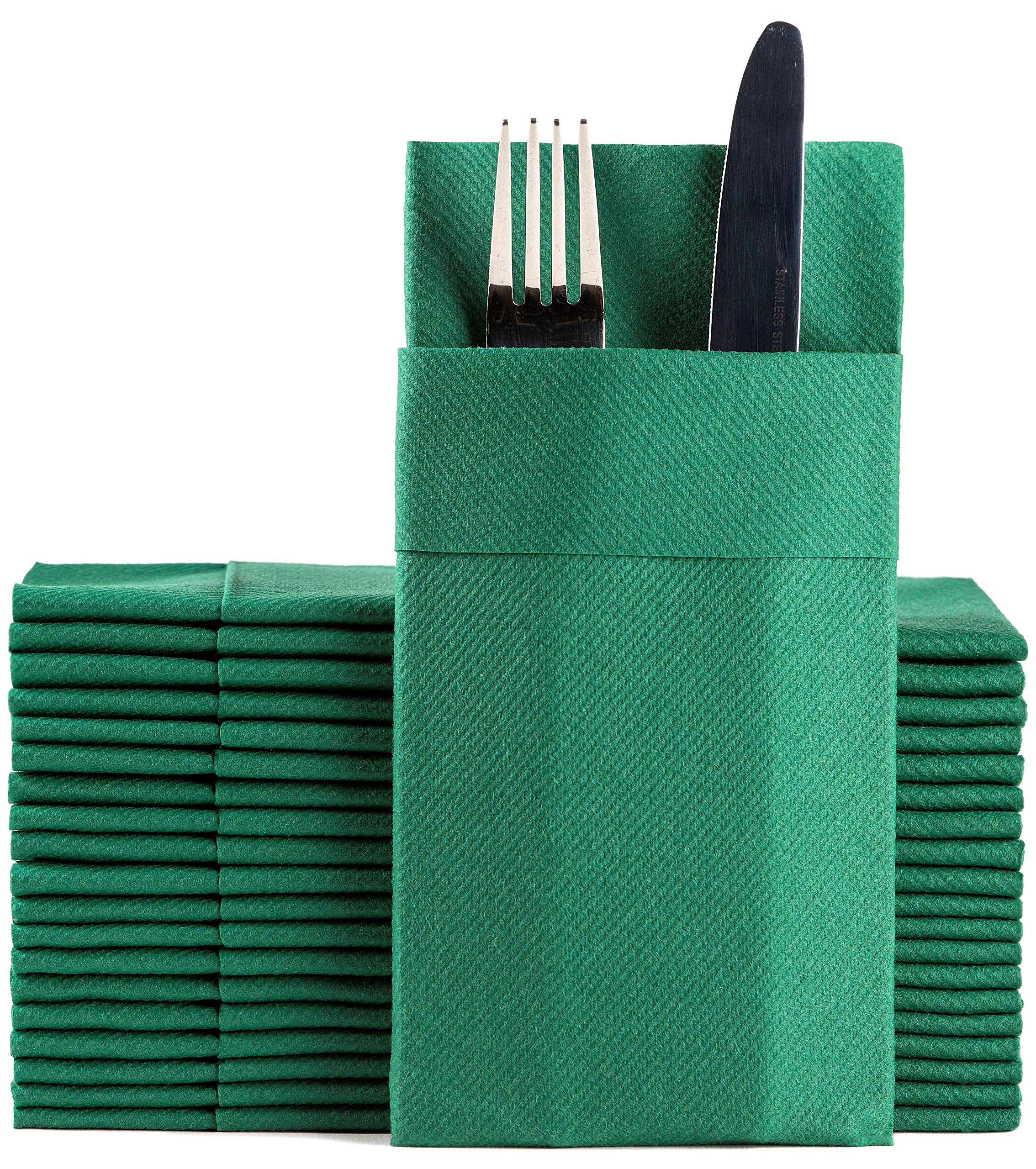 Green Dinner Napkins Cloth Like With Built-In Flatware Pocket, Linen-Feel Absorbent Disposable Paper Hand Napkins For Kitchen, B