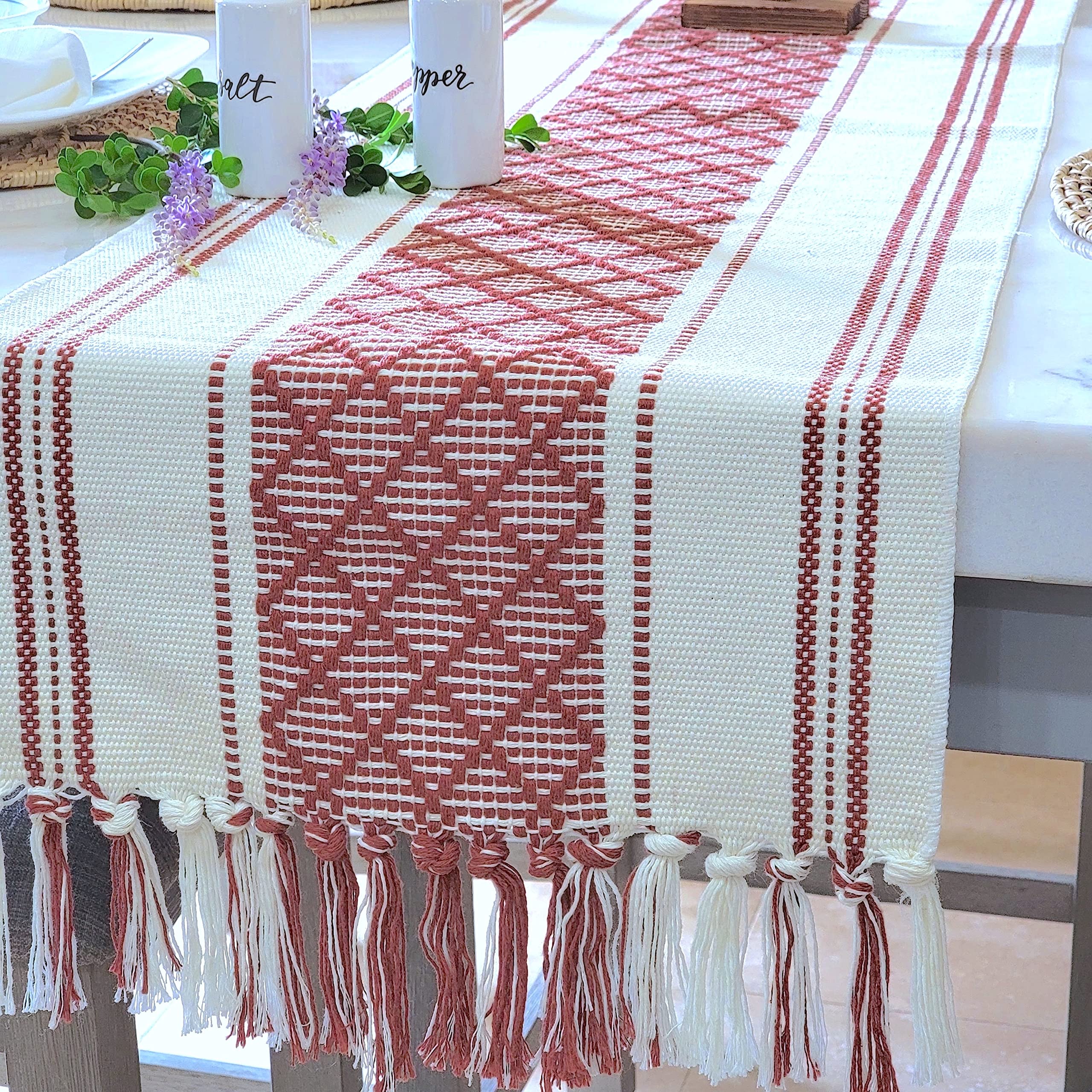 Oveesha Boho Dining Table Runner With Tassels 14 X 90 Inches, Rust Brown & Cream | Woven Washable Dresser Scarf For Bedroom | Fa