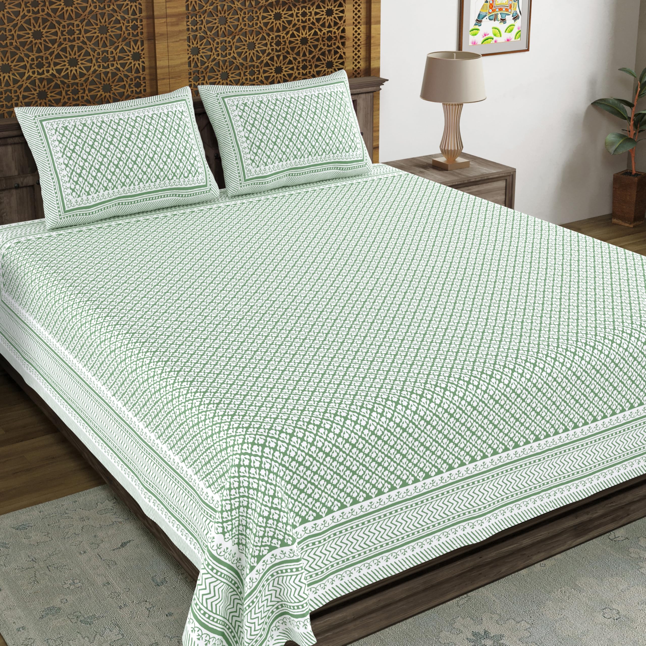 Blocks Of India Hand Block Printed 200 Tc Cotton Super King Size Bedsheet (Light Green Gad Buti)