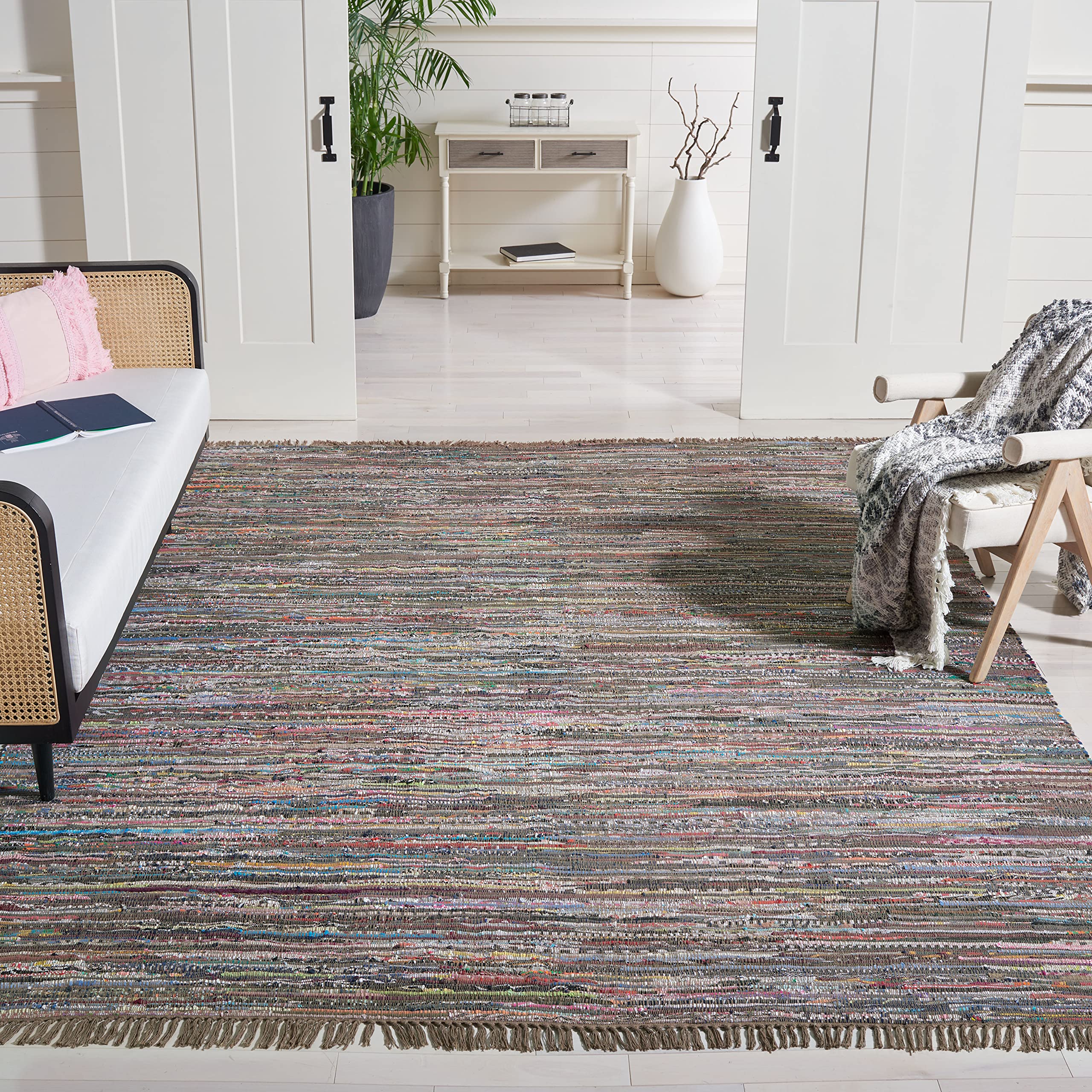 SAFAVIEH Rag Rug Collection Area Rug - 10 x 14, Rust & Multi, Handmade Boho Stripe Cotton, Ideal for High Traffic Areas in Liv