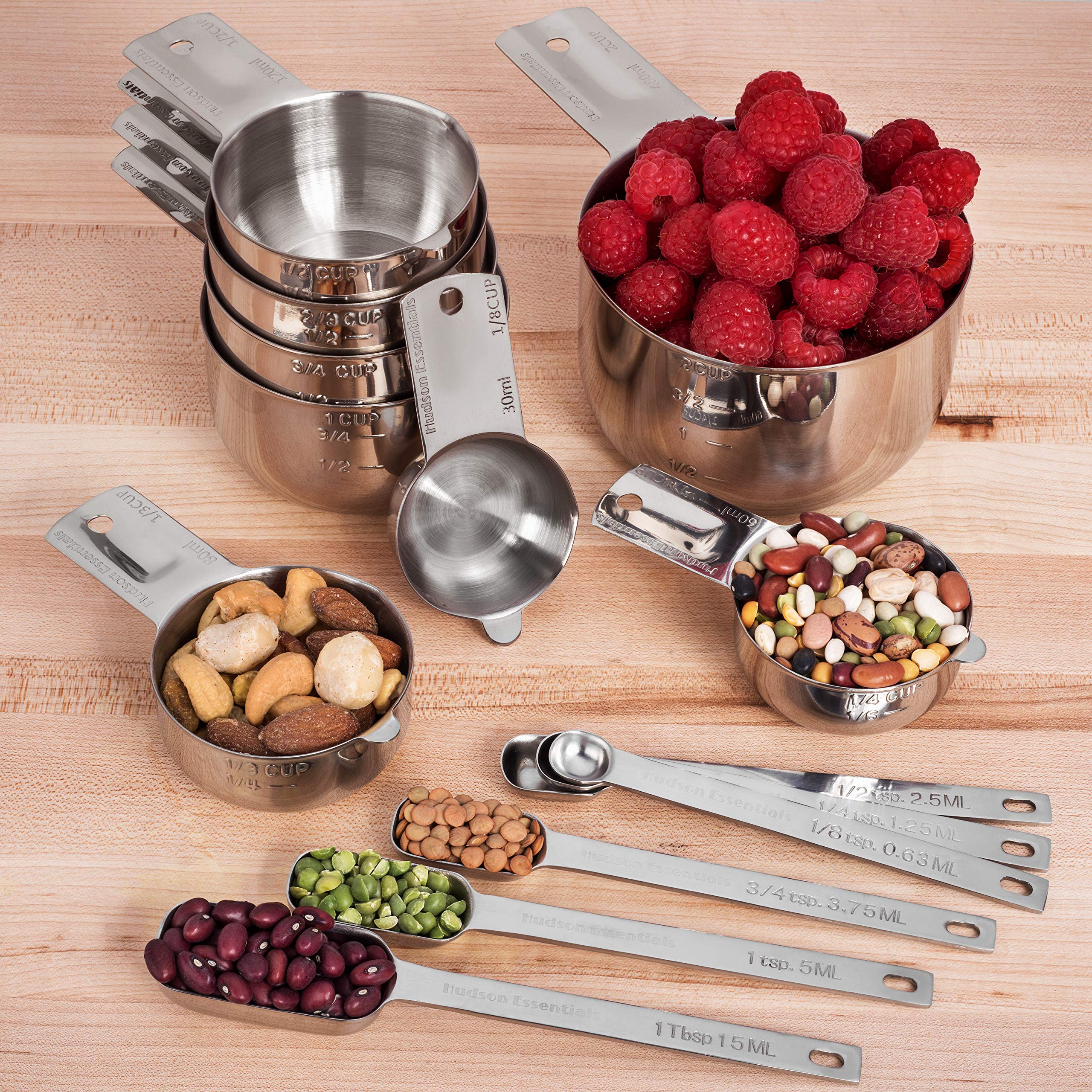 Hudson Essentials Stainless Steel Measuring Cups & Spoons Set - 15 Piece Set, Durable Kitchen Utensils, Model HE-MCSET-15