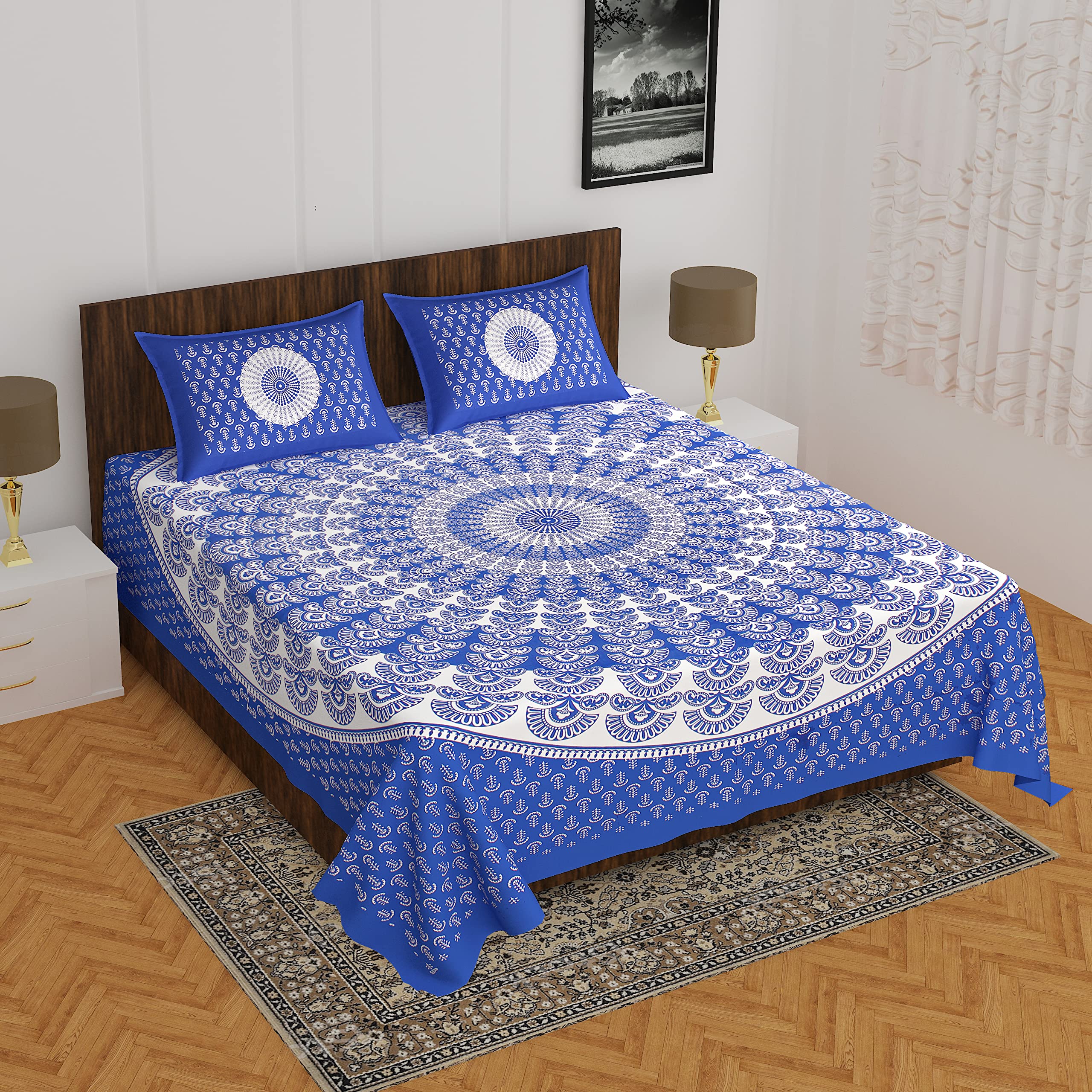 Home@Shop Bedsheet For Double Bed Cotton Double Bedsheet With 2 Pillow Covers (King Size, Blue)