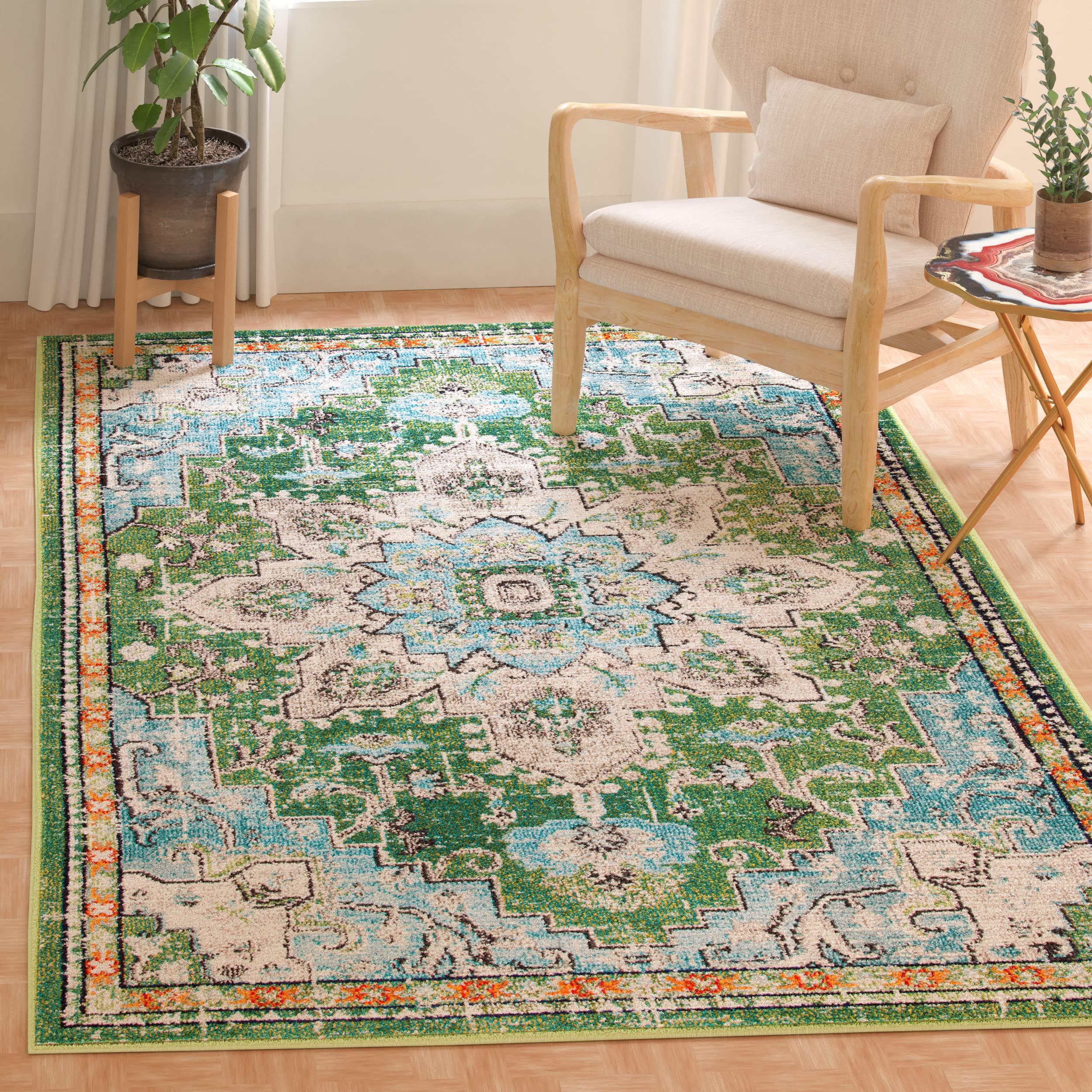 SAFAVIEH Madison Collection Accent Rug - 3 x 5, Green & Turquoise, Medallion Distressed Design, Non-Shedding & Easy Care, Idea