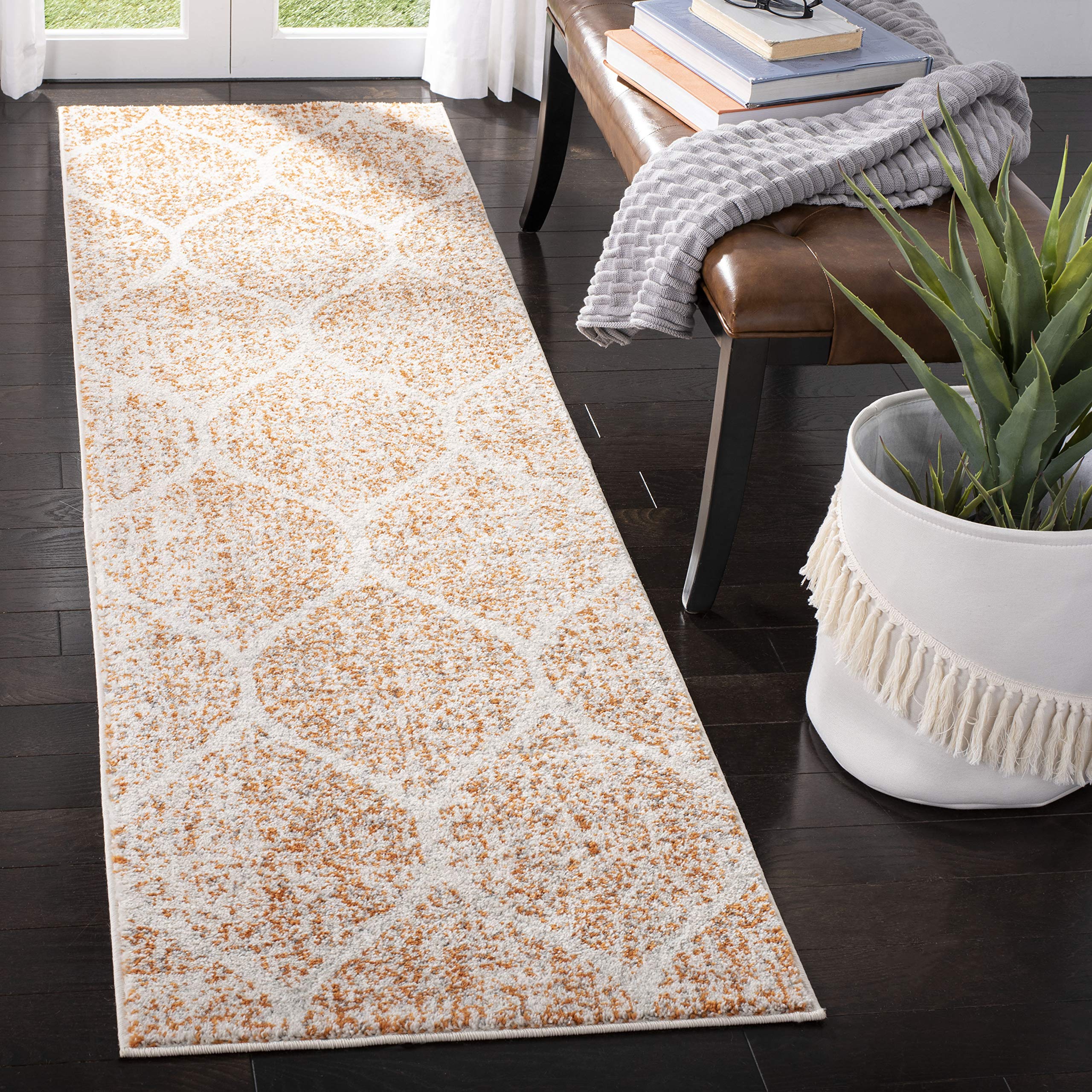 SAFAVIEH Madison Collection 67 Square Cream / Orange MAD604H Glam Ogee Trellis Distressed Non-Shedding Living Room Bedroom Dini
