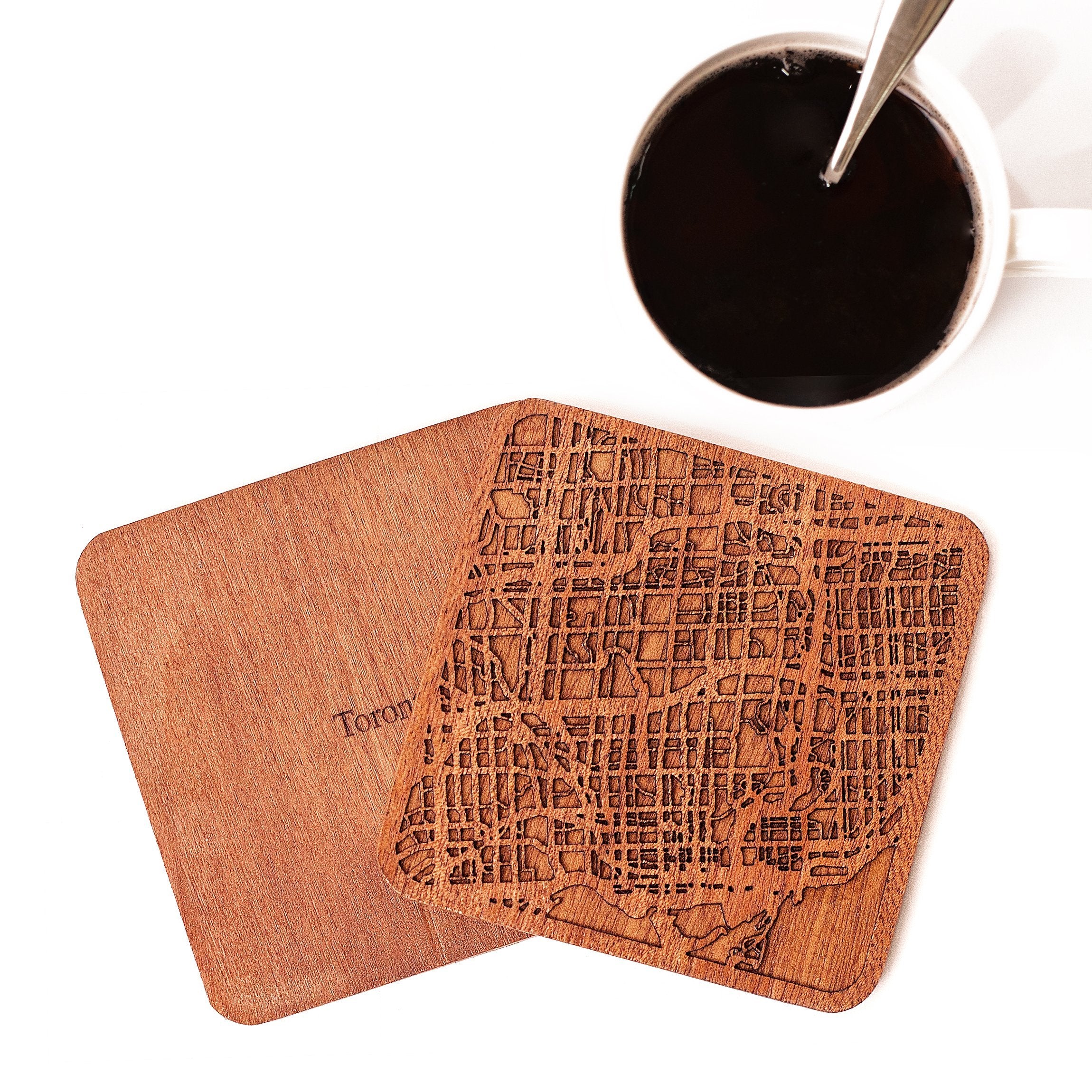 Toronto Map Coaster By O3 Design Studio, Set Of 4, Sapele Wooden Coaster With City Map, Handmade