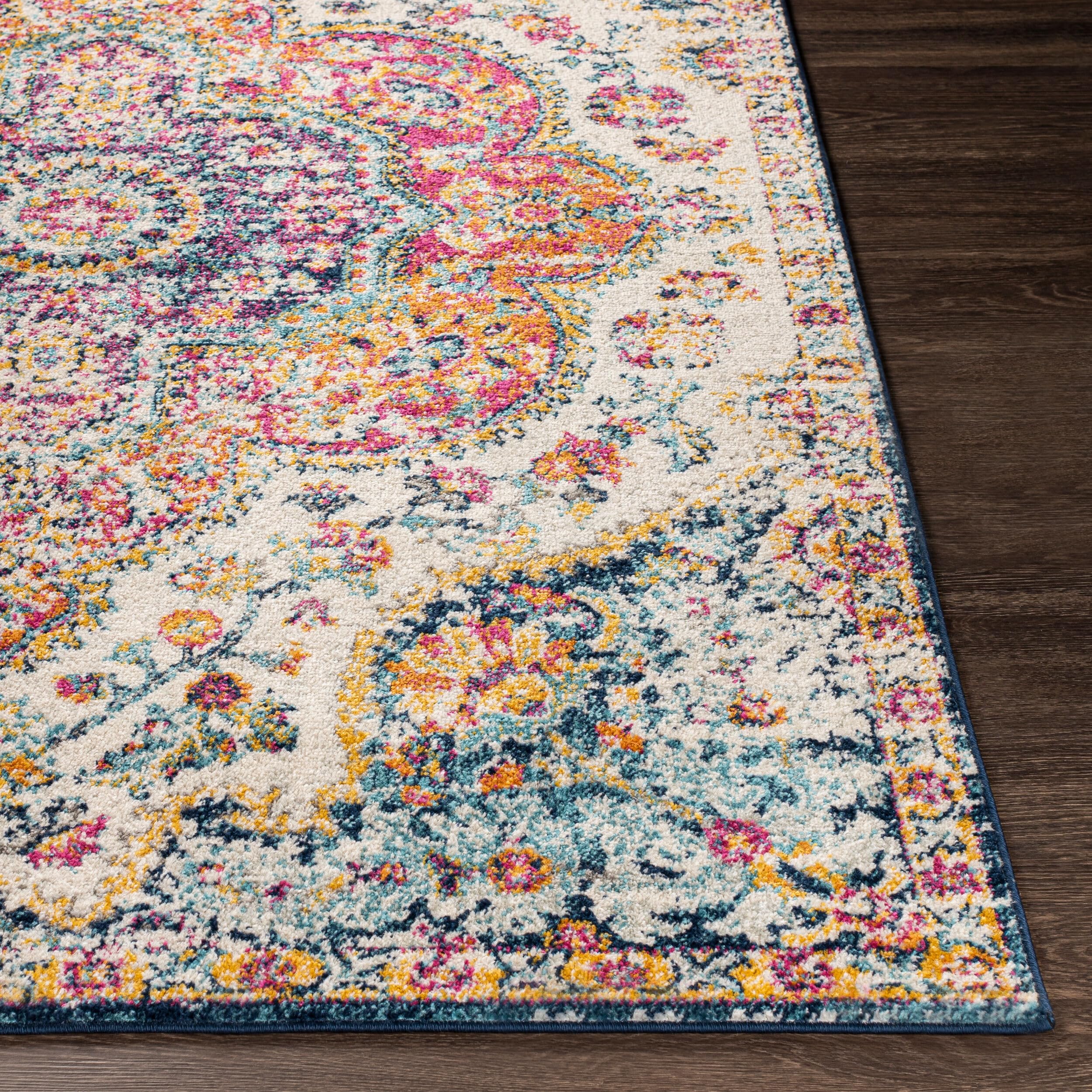 Livabliss Area Rugs - 8x8 Romaine Vintage Boho Fuchsia Mustard Blue Square Area Rug for Living Room Bedroom - Floral Medallion S