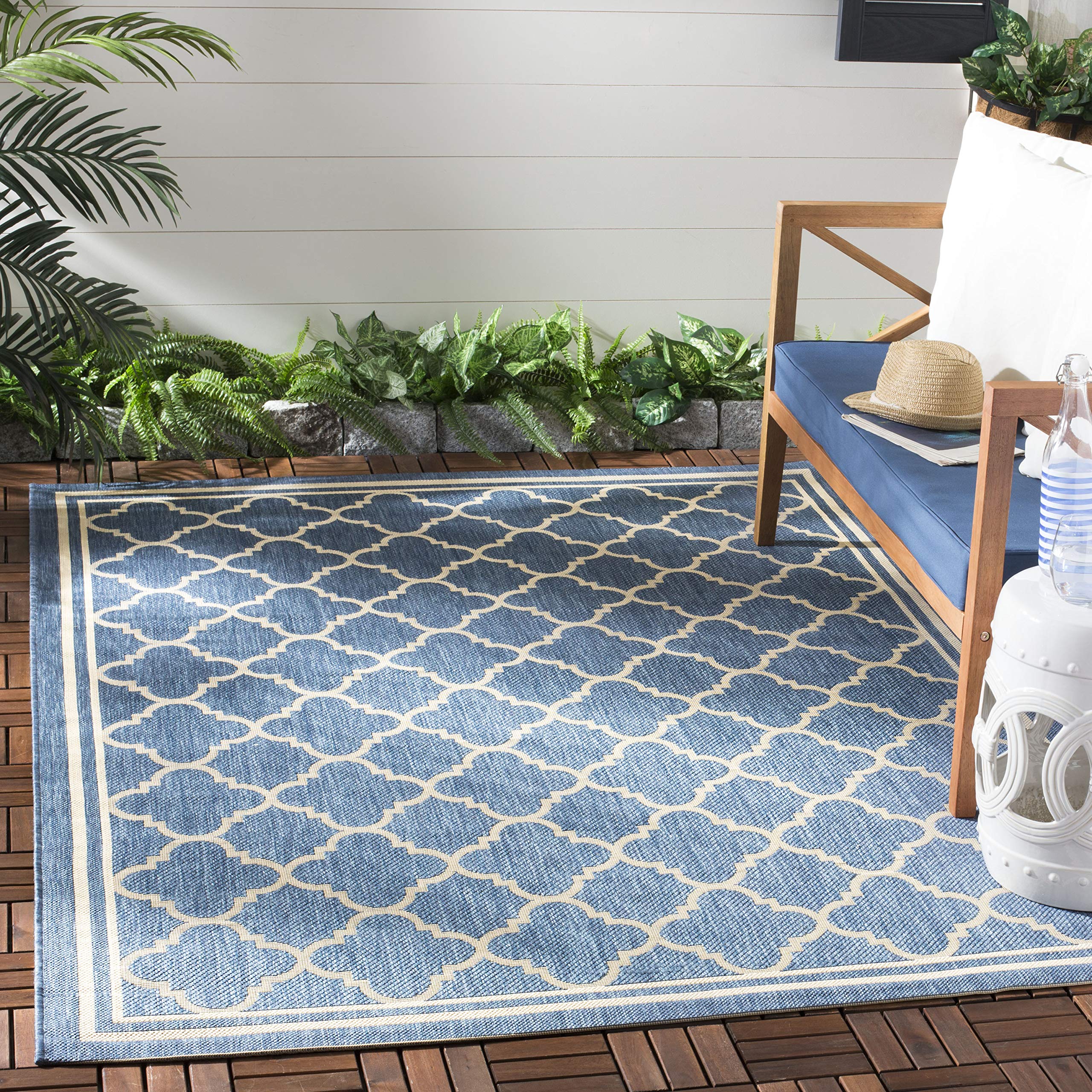 SAFAVIEH Courtyard Collection 53 Square Blue/Beige CY6918 Trellis Indoor/ Outdoor Waterproof Easy--Cleaning Patio Backyard Mudr