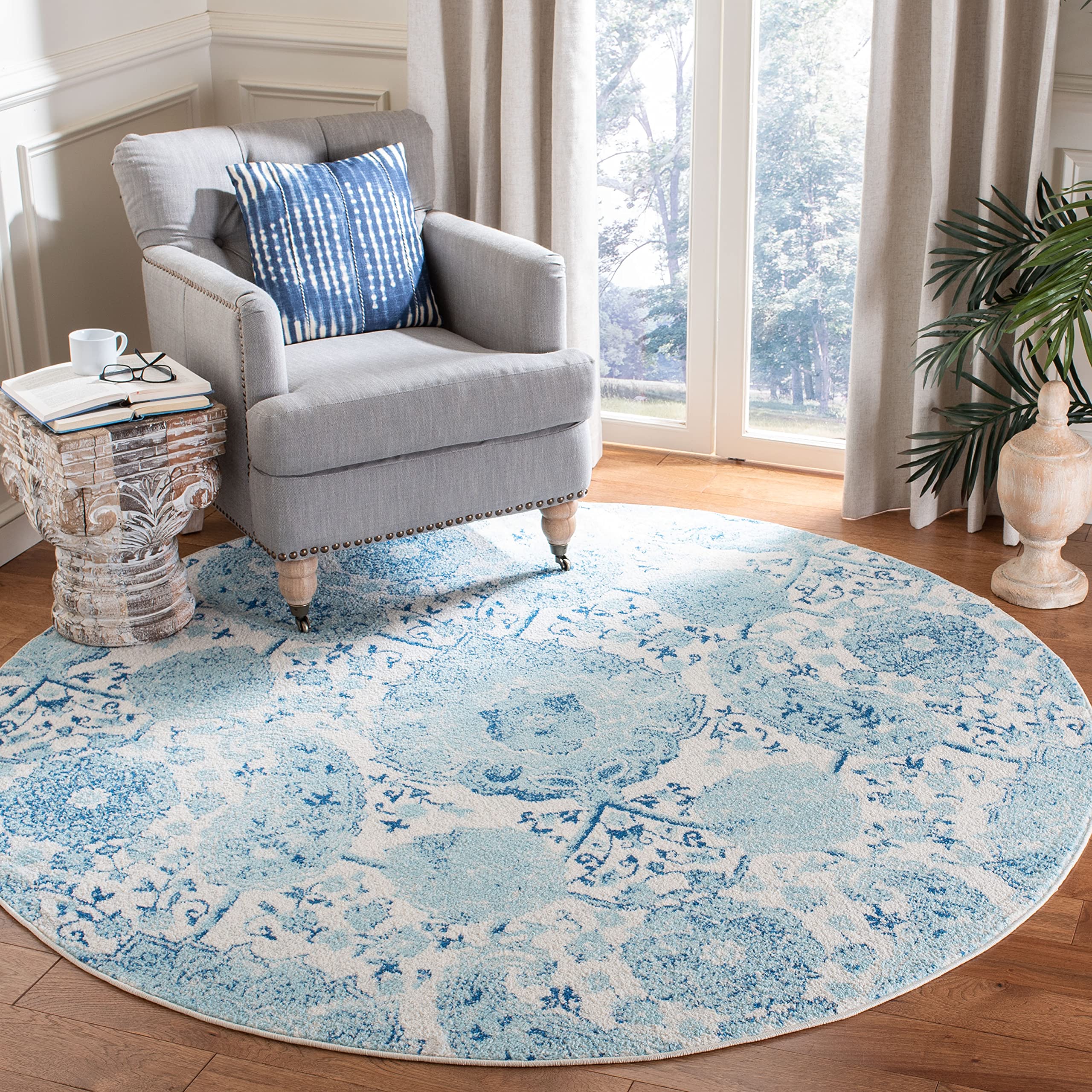 SAFAVIEH Madison Collection 10 Round Cream / Turquoise MAD600E Boho Chic Glam Paisley Non-Shedding Dining Room Entryway Foyer L