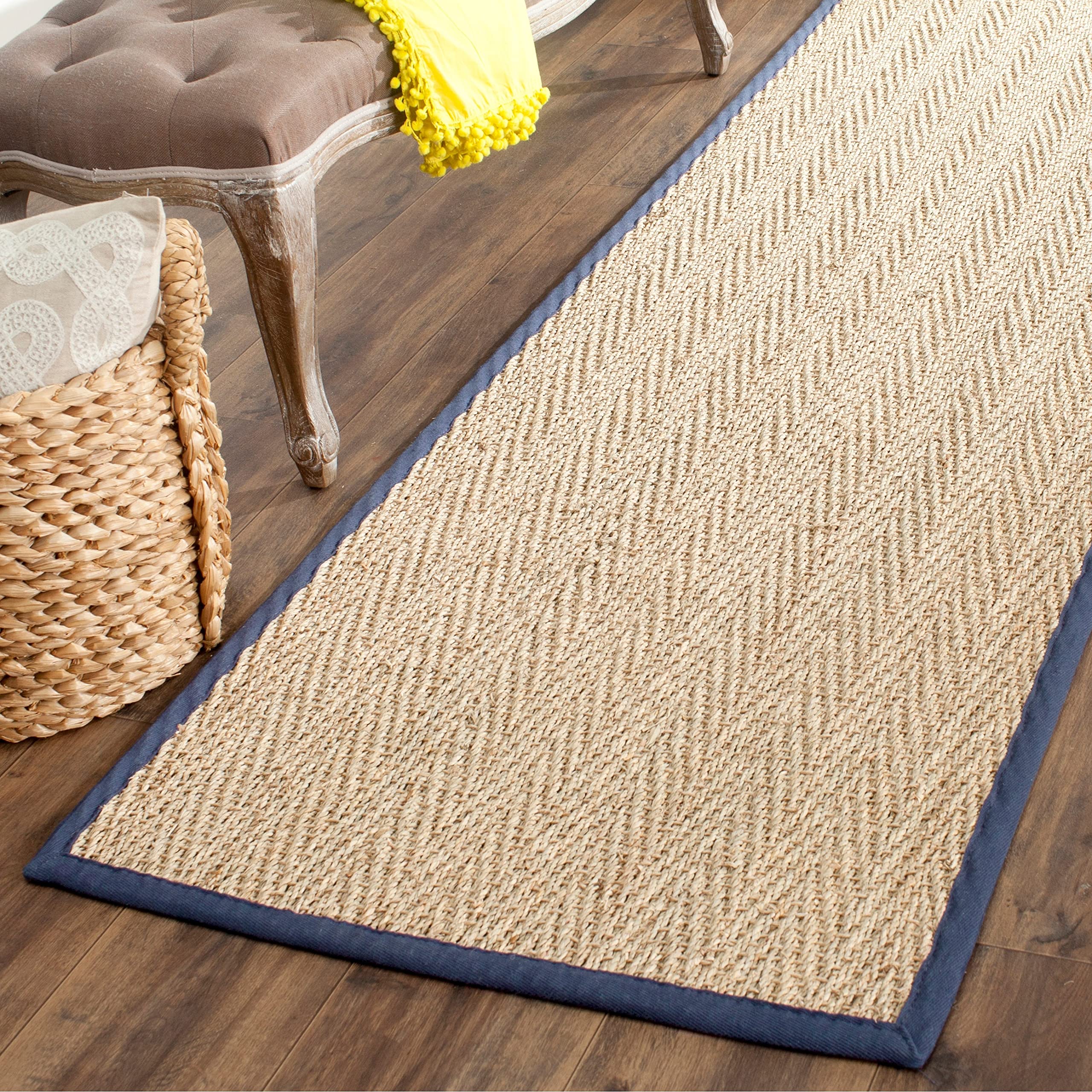 Safavieh Natural Fiber Collection Runner Rug - 26 x 12, Natural & Blue, Border Herringbone Seagrass Design, Easy Care, Ideal f
