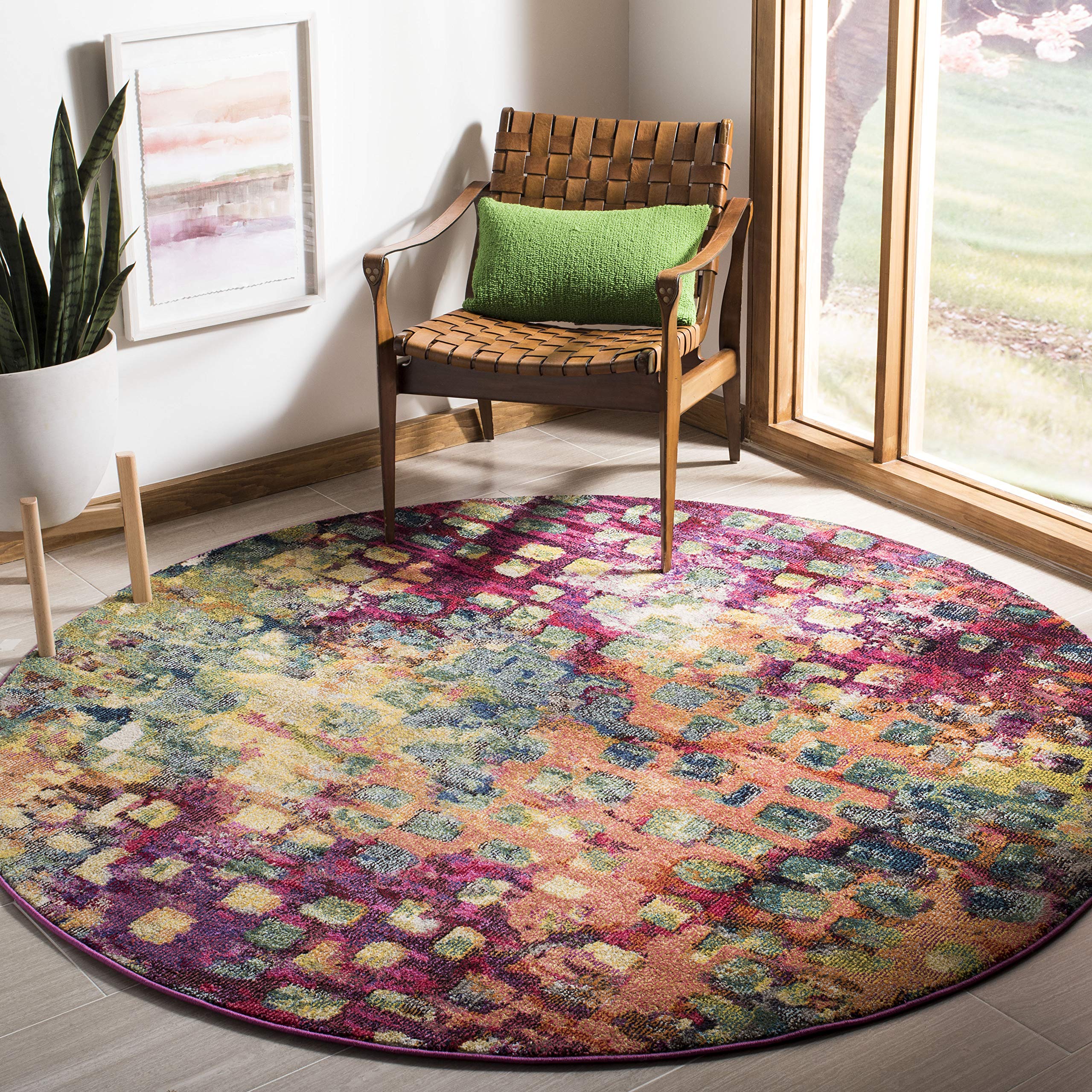 SAFAVIEH Monaco Collection Area Rug - 5 Round, Pink & Multi, Boho Chic Abstract Watercolor Design, Non-Shedding & Easy Care, Id