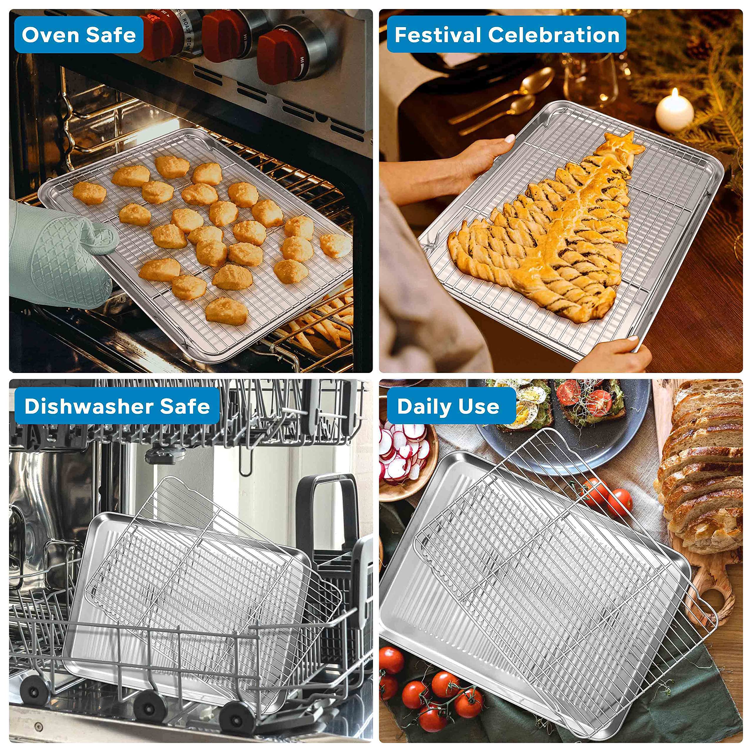 Herogo Baking Pan Sheet With Cooling Rack Set For Oven, 18 X 13 X 1 Inch, Stainless Steel Fluted Bakeware Cookie Sheet Tray Non-