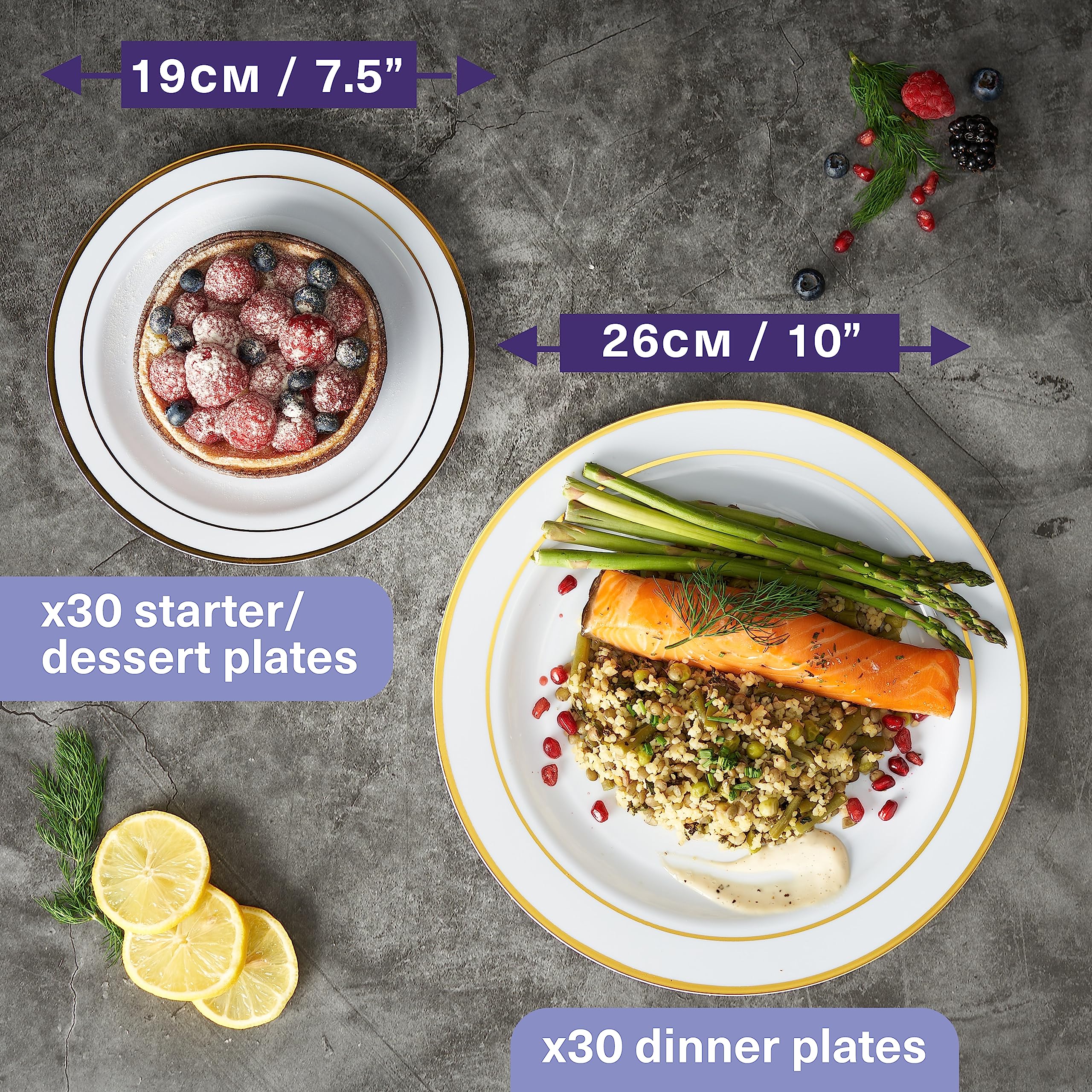 Matana 60 Pc Reusable Gold Plastic Plates With White Gold Rim - 30 Dinner Plates 10.25'' Inch, 30 Salad Dessert Appetizer Plates