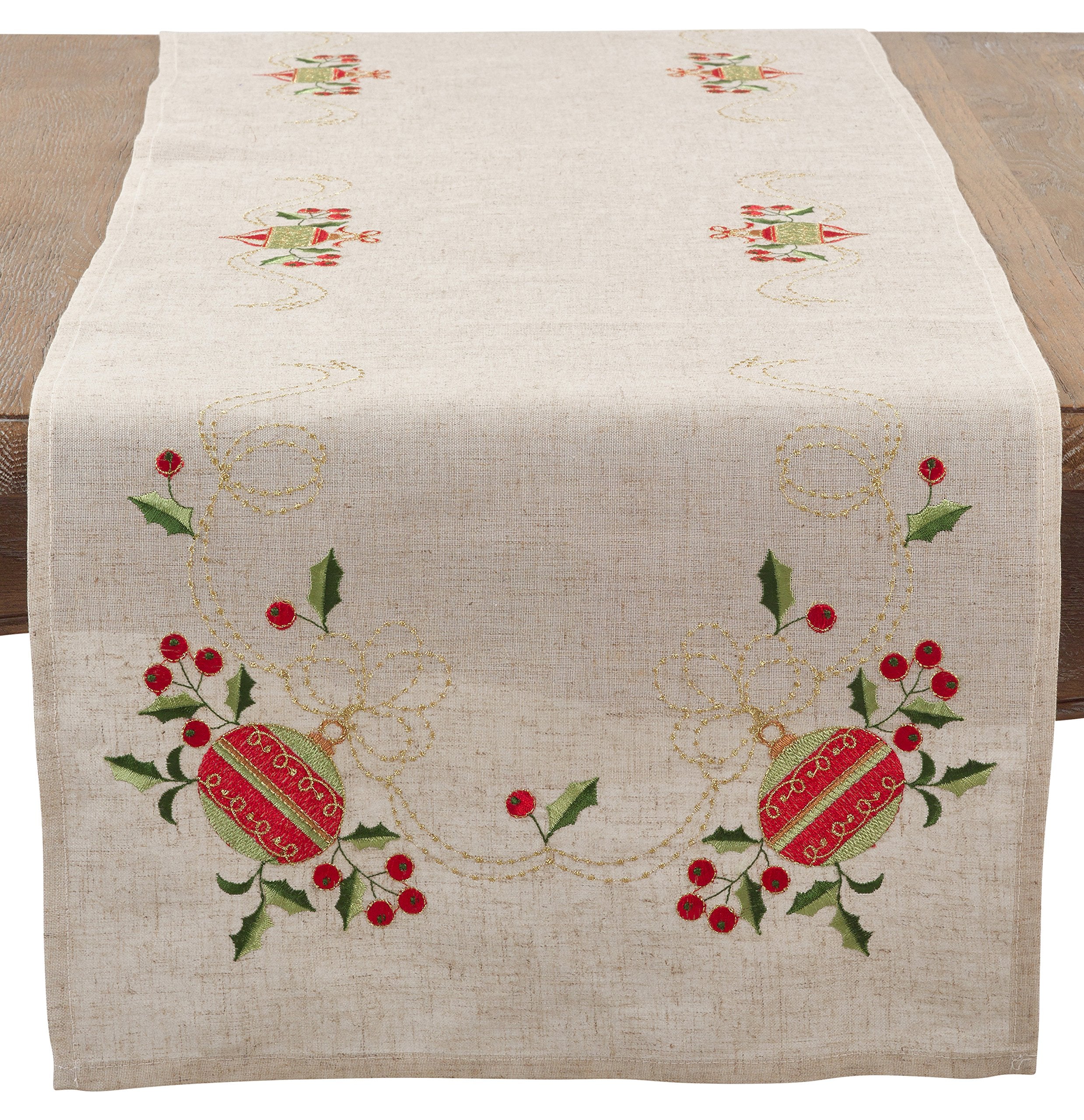 Saro Lifestyle Embroidered Ornament Design Christmas Linen Blend Table Runner, 16'' X 90'', Natural