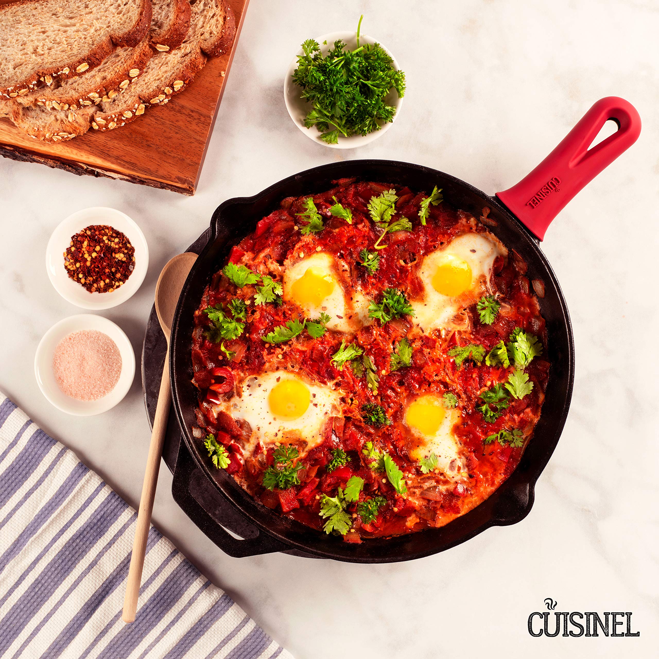 Cuisinel Cast Iron Skillet with Lid - 12''-Inch Frying Pan + Glass Lid + Heat-Resistant Handle Cover - Pre-Seasoned Oven Safe Cookware - Indoor/Outdoor Use - Grill  BBQ  Fire  Stovetop  Induction Safe