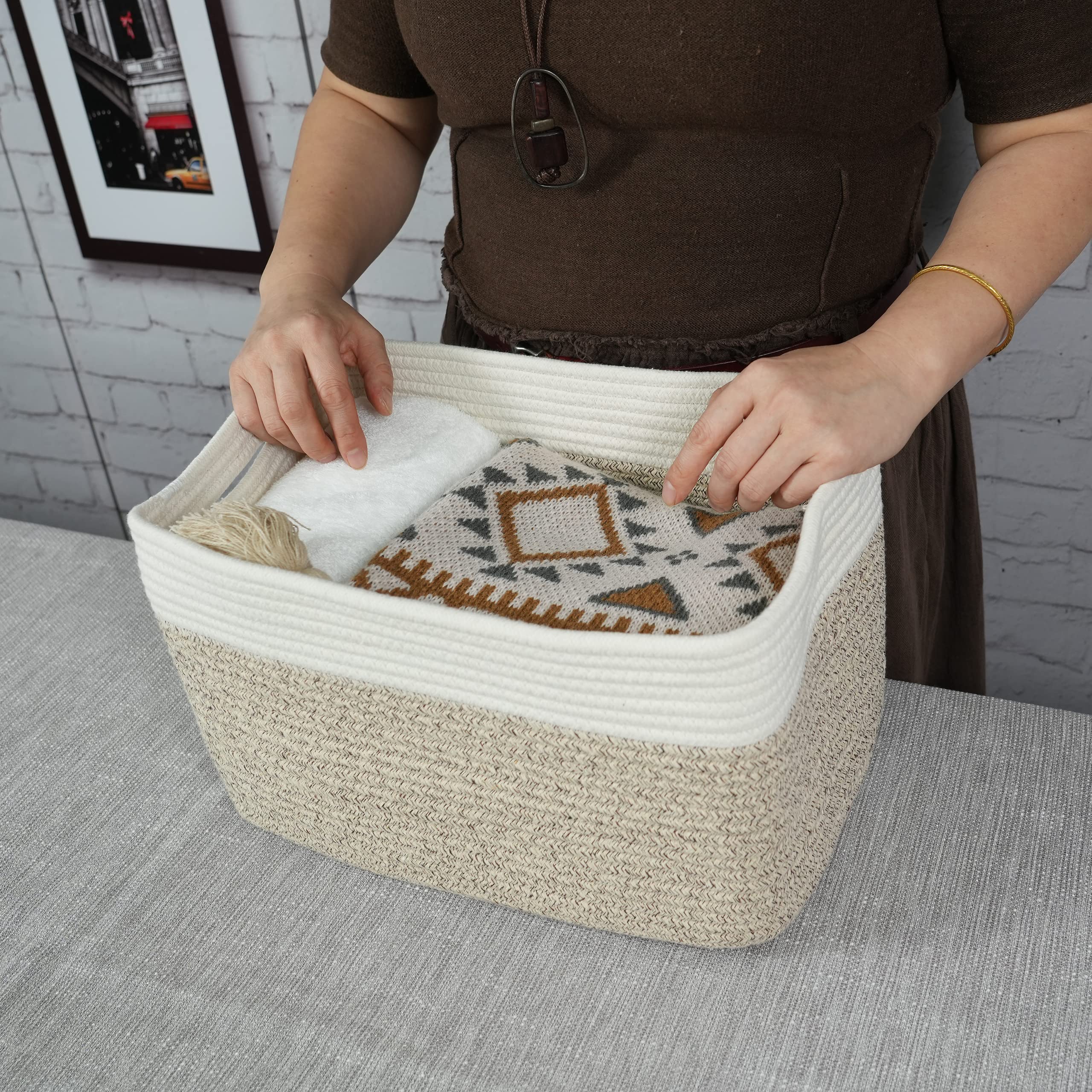 Cotton Rope Storage Basket Bins Woven Basket For Organizing Shelves Rectangle Decorative Baskets For Storage Clothes Toys Books