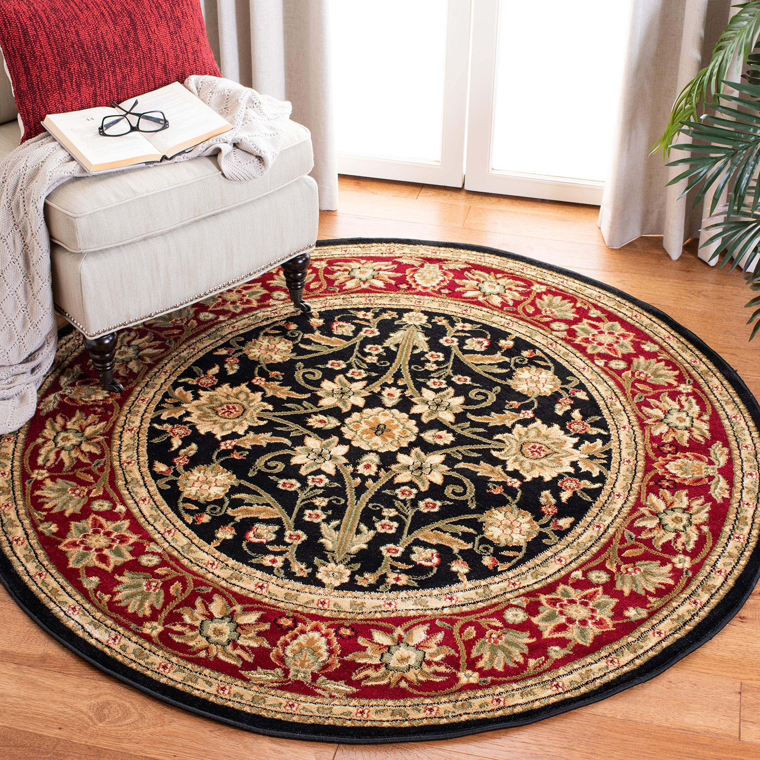 SAFAVIEH Lyndhurst Collection 33 Round Black / Red LNH212G Traditional Oriental Non-Shedding Dining Room Entryway Foyer Living 