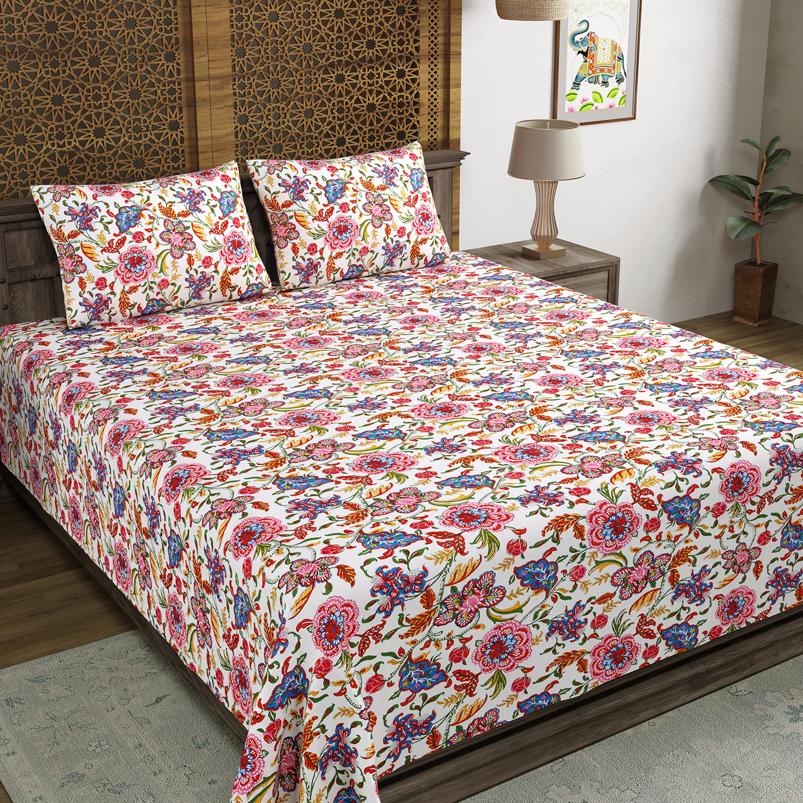 Blocks Of India Hand Block Printed 200 Tc Cotton Super King Size Bedsheet(106 X 106) (White Jaal)