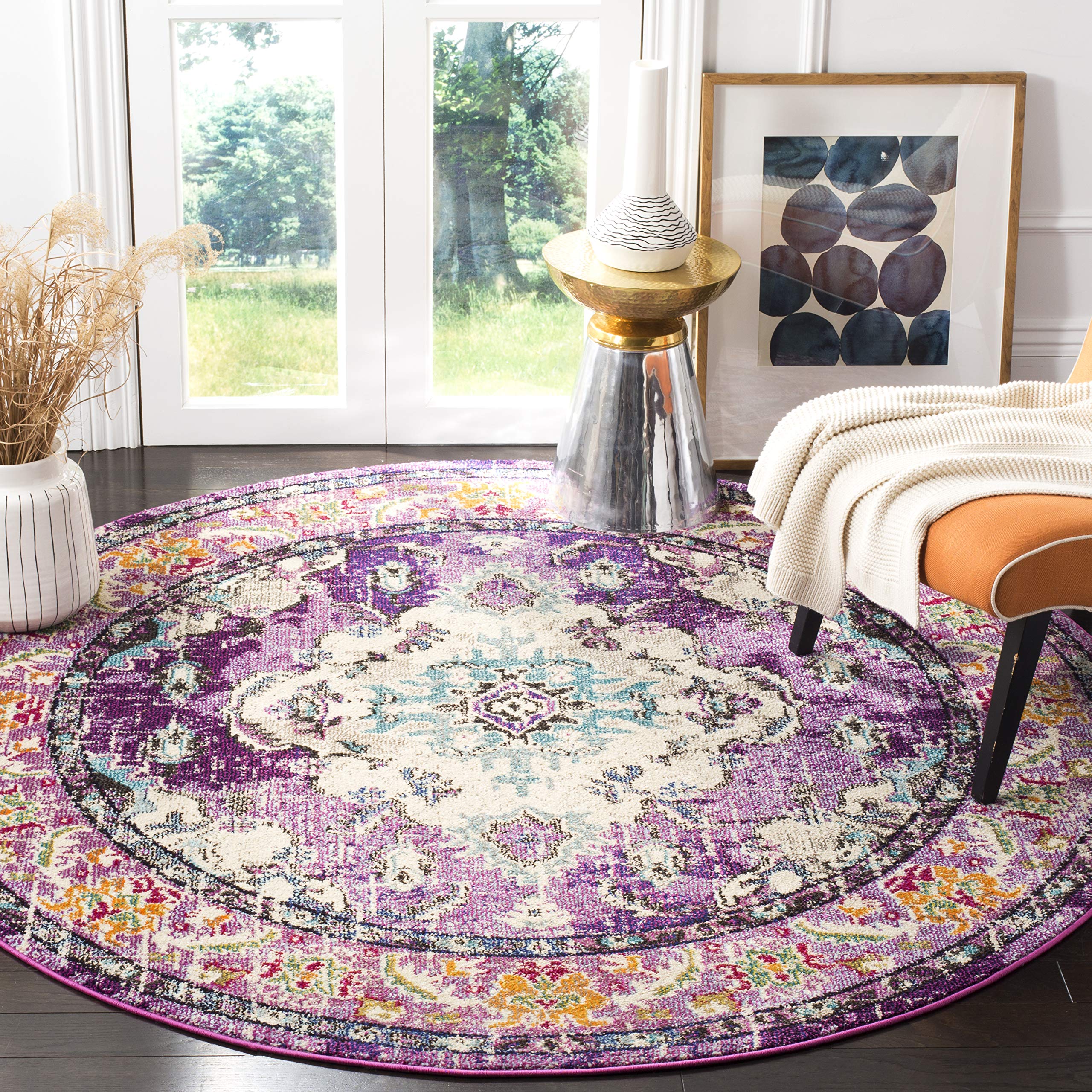 SAFAVIEH Monaco Collection 9 Round Violet/Light Blue MNC243L Boho Chic Medallion Distressed Non-Shedding Dining Room Entryway F