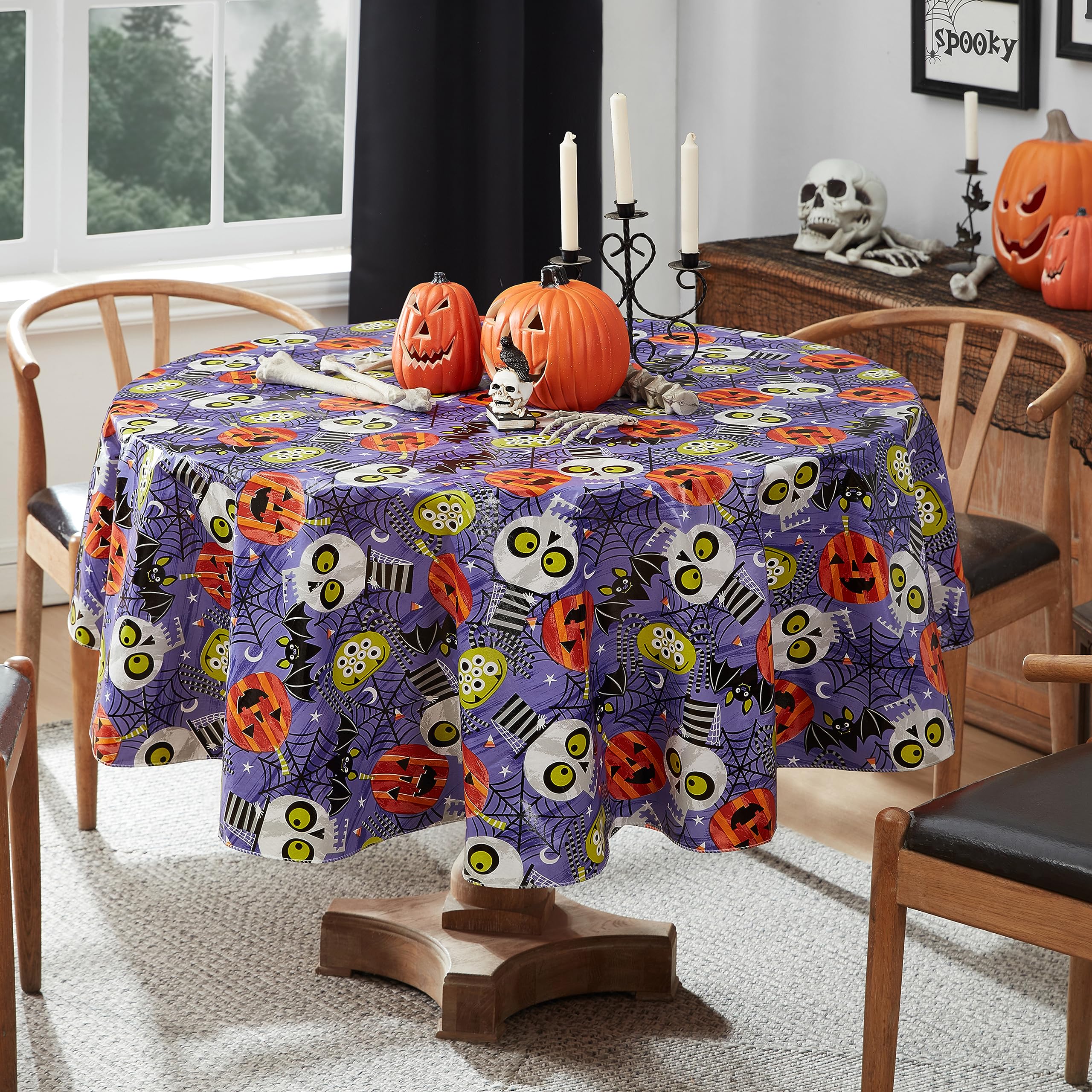 Newbridge Halloween Whimsical Ghoulish Gang 70 Inch Round Vinyl Flannel Backed Tablecloth, Spooky Skulls, Bats And Pumpkins For