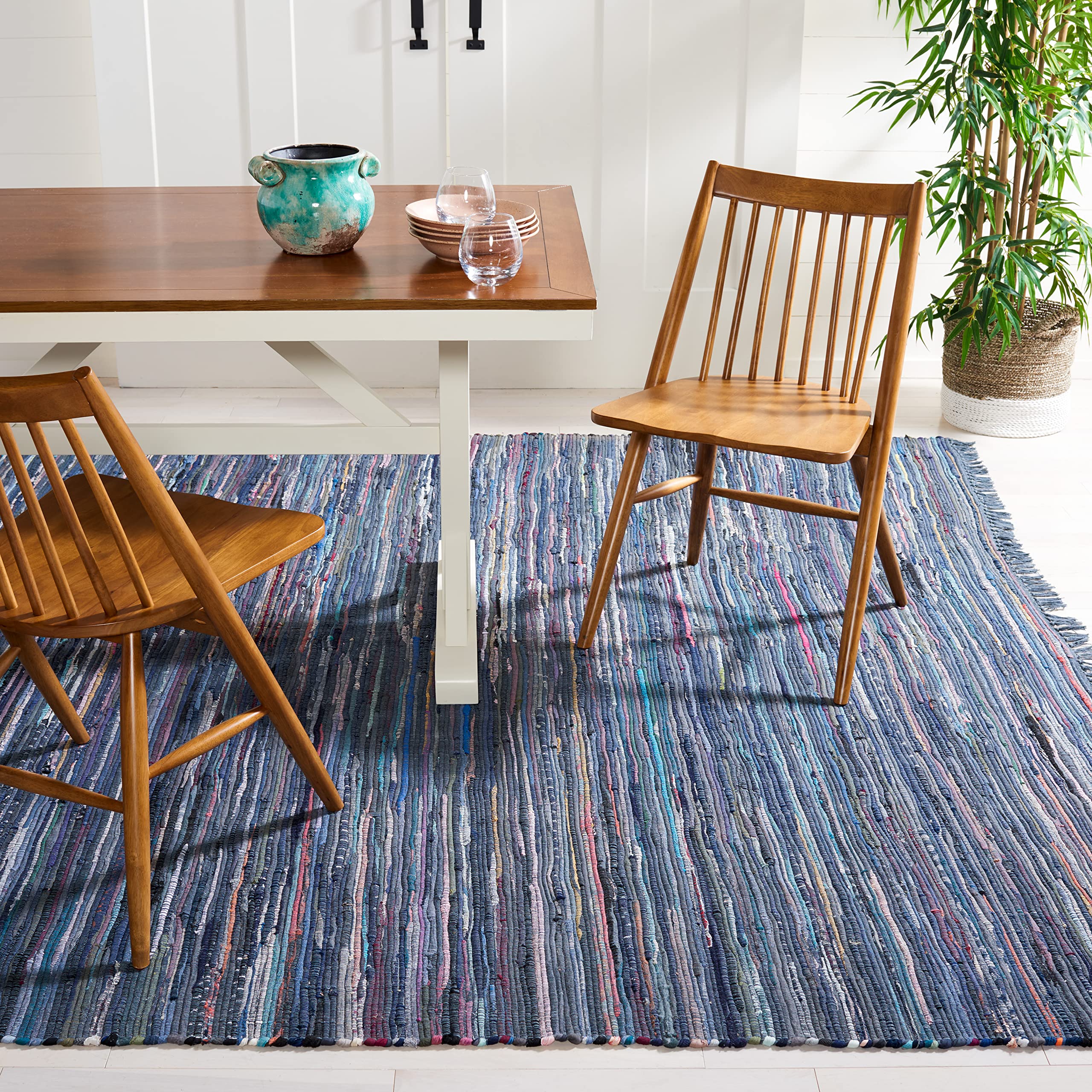 SAFAVIEH Rag Rug Collection Area Rug - 8 x 10, Ink & Multi, Handmade Boho Stripe Cotton, Ideal for High Traffic Areas in Livin