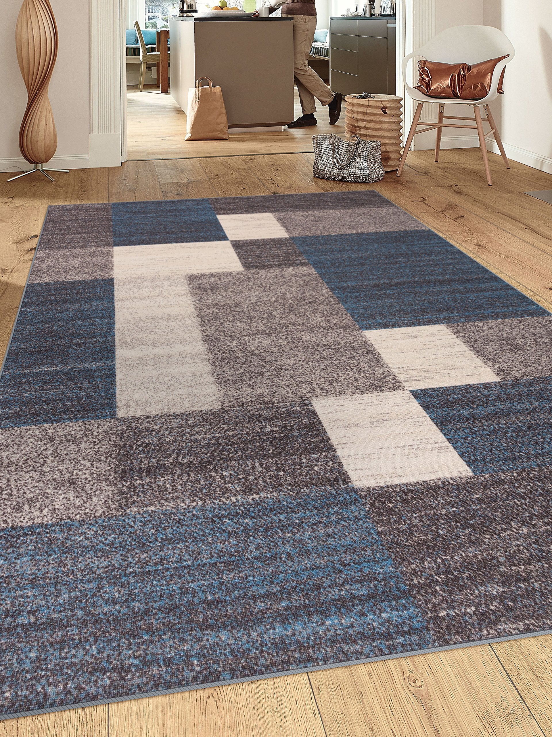 Rugshop Modern Boxes Design Non-Slip (Non-Skid) Area Rug 8 x 10 (7 10 x 10) Blue