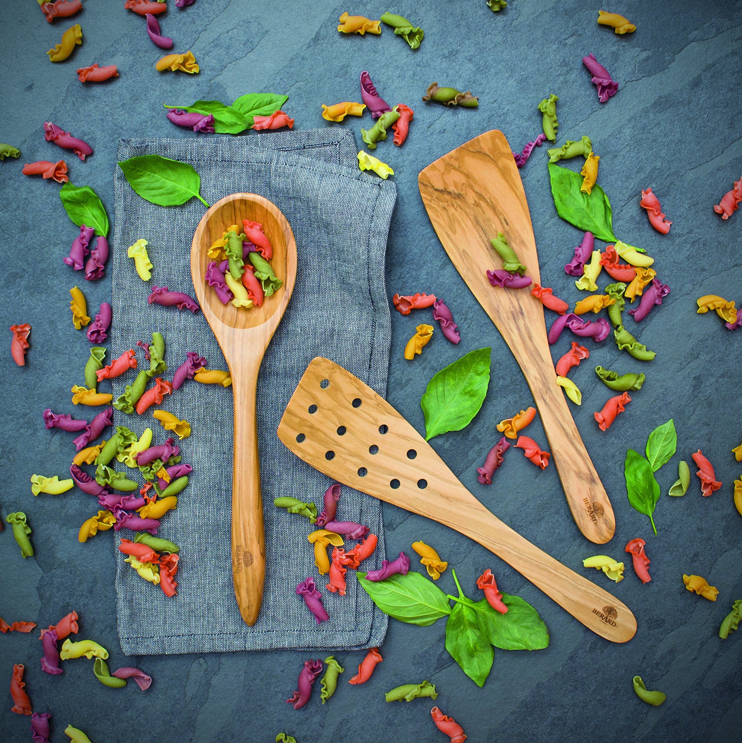 Berard 66476 French Olive-Wood Handcrafted Curved Spatula With Holes, Natural, Little