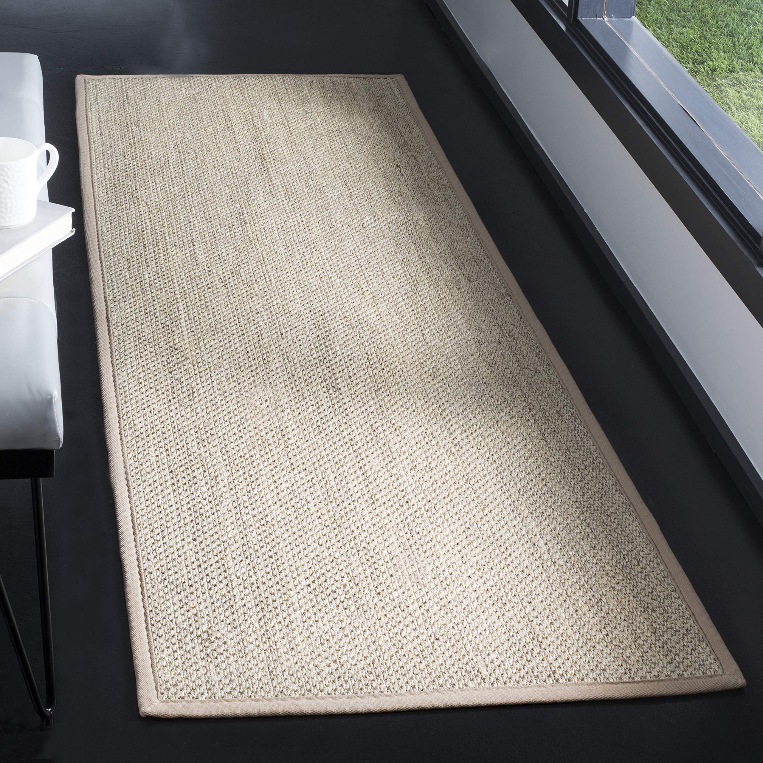 SAFAVIEH Natural Fiber Collection Runner Rug - 26 x 14, Marble & Linen, Border Sisal Design, Easy Care, Ideal for High Traffic