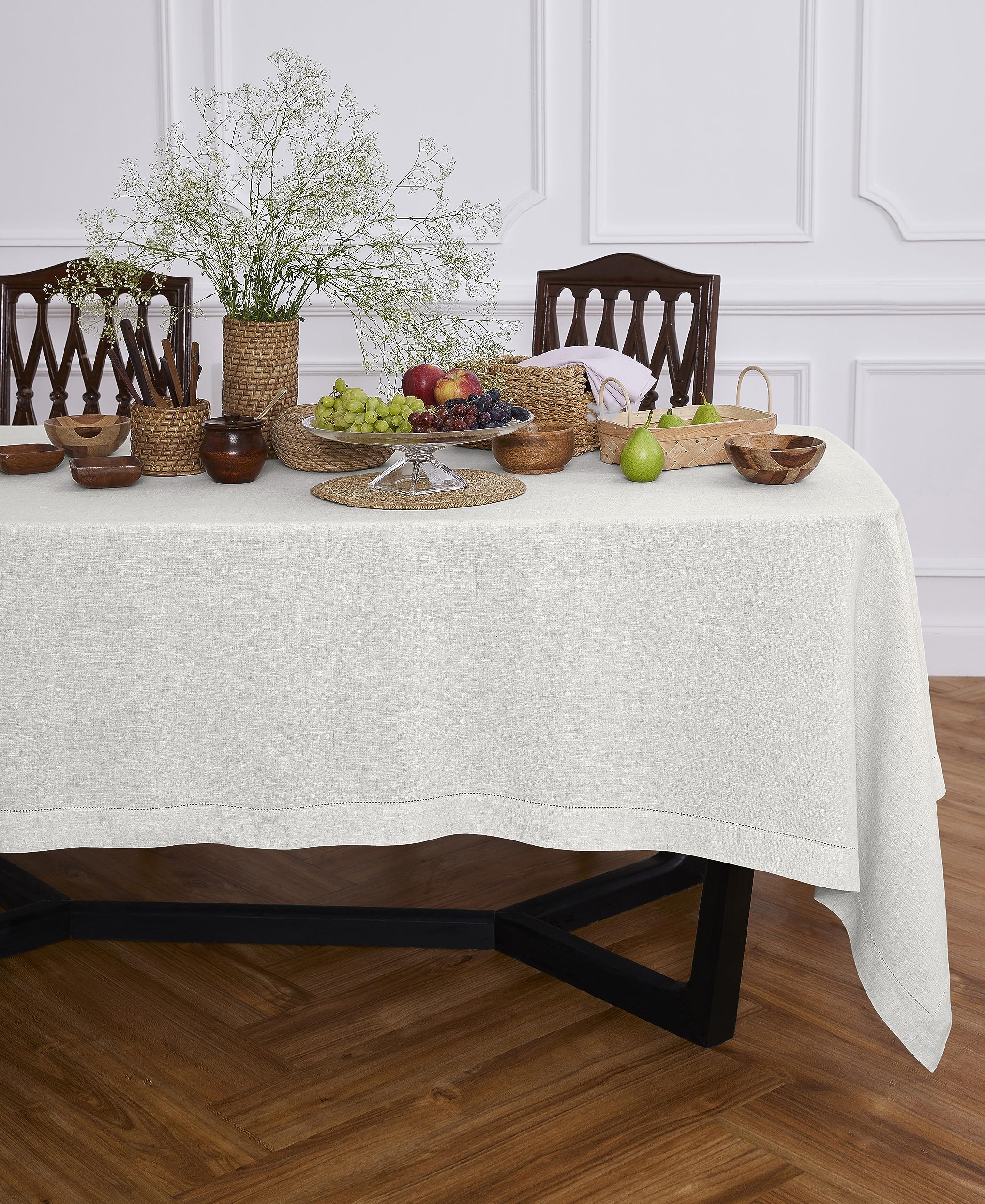 Solino Home Light Flax Linen Tablecloth 90'' L X 70'' W Inch - Sonoma Hemstitch 100% Pure Linen Prewashed Table Cloth For Rectan