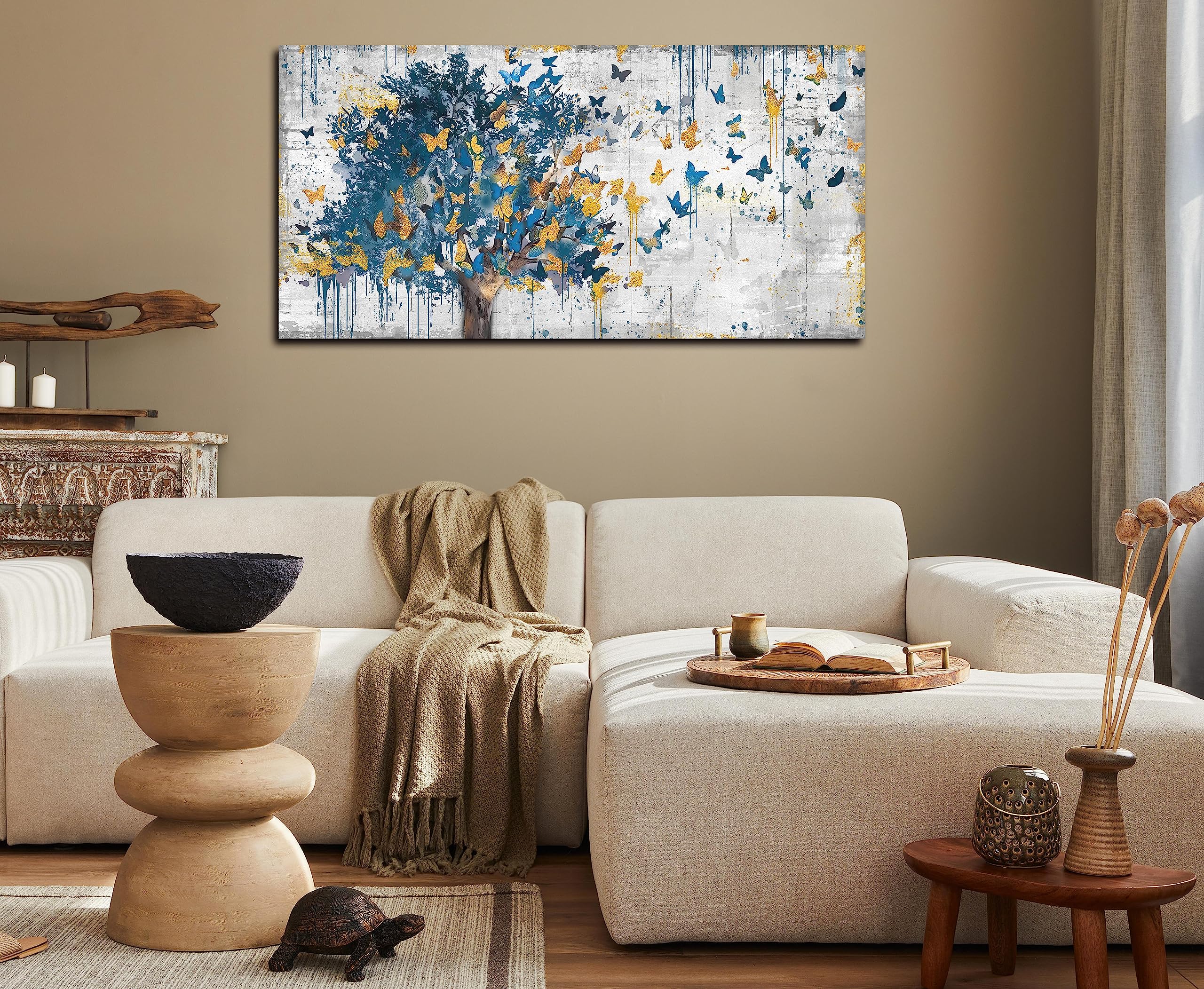 Kepgonegu Large Canvas Wall Art Blue Tree Golden Butterflies Picture Abstract Grey Graffiti Canvas Prints Ready To Hang For Livi