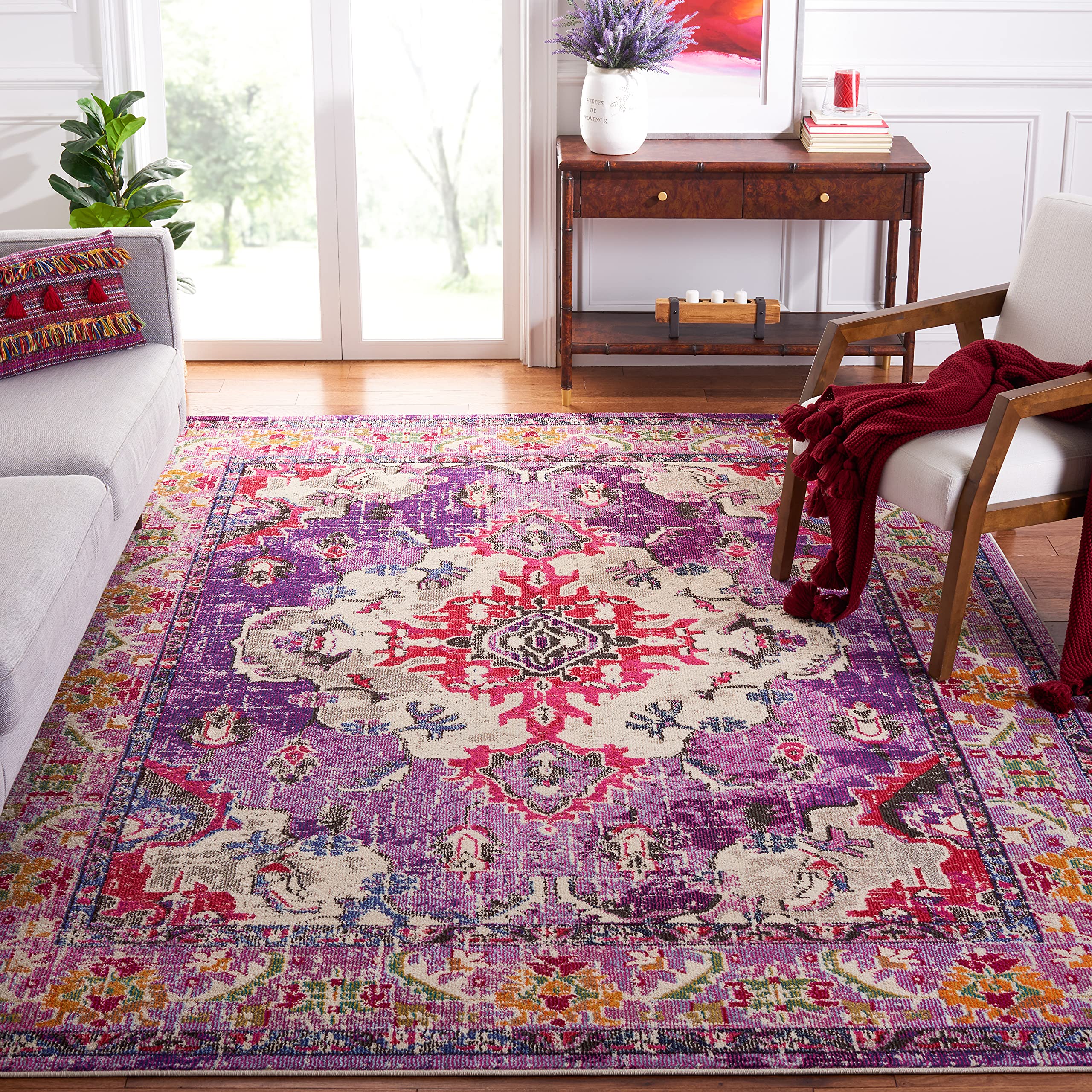 SAFAVIEH Monaco Collection Area Rug - 67 Square, Violet & Fuchsia, Boho Chic Medallion Distressed Design, Non-Shedding & Easy C