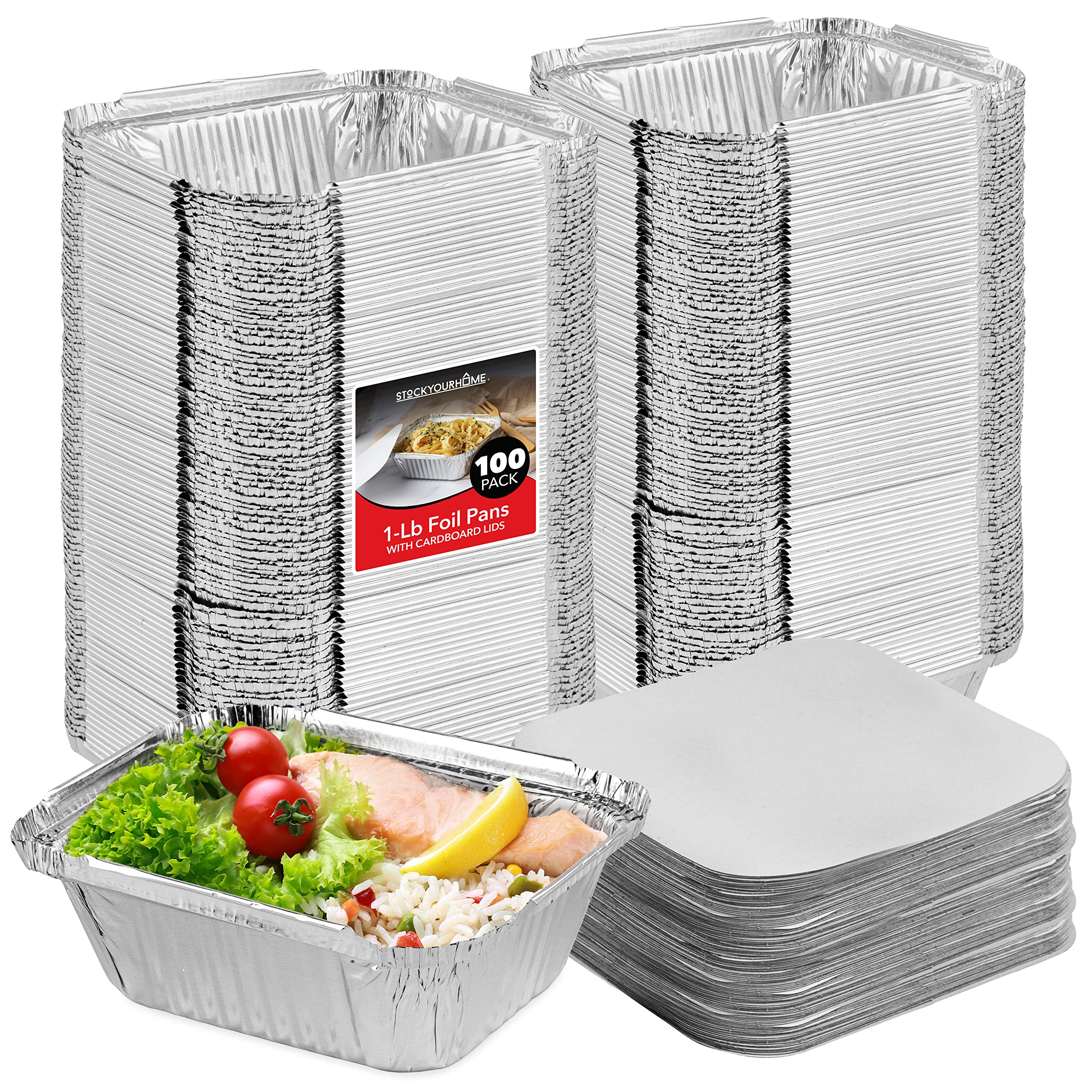 Stock Your Home 1 Lb Aluminum Pans With Lids (100 Pack) - Food Containers With Cardboard Lids - Disposable & Recyclable Takeout
