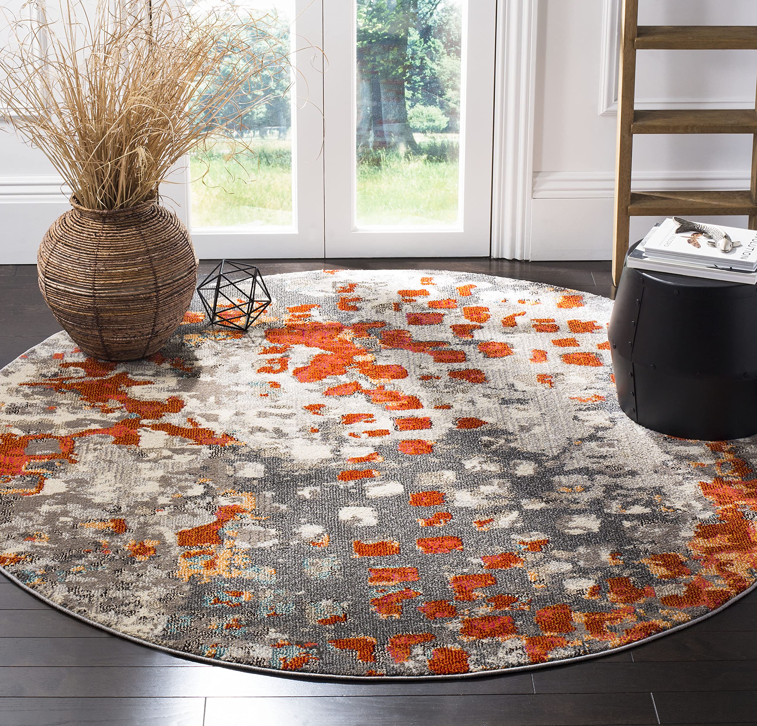 SAFAVIEH Monaco Collection Area Rug - 5 Round, Grey & Orange, Boho Chic Abstract Watercolor Design, Non-Shedding & Easy Care, I