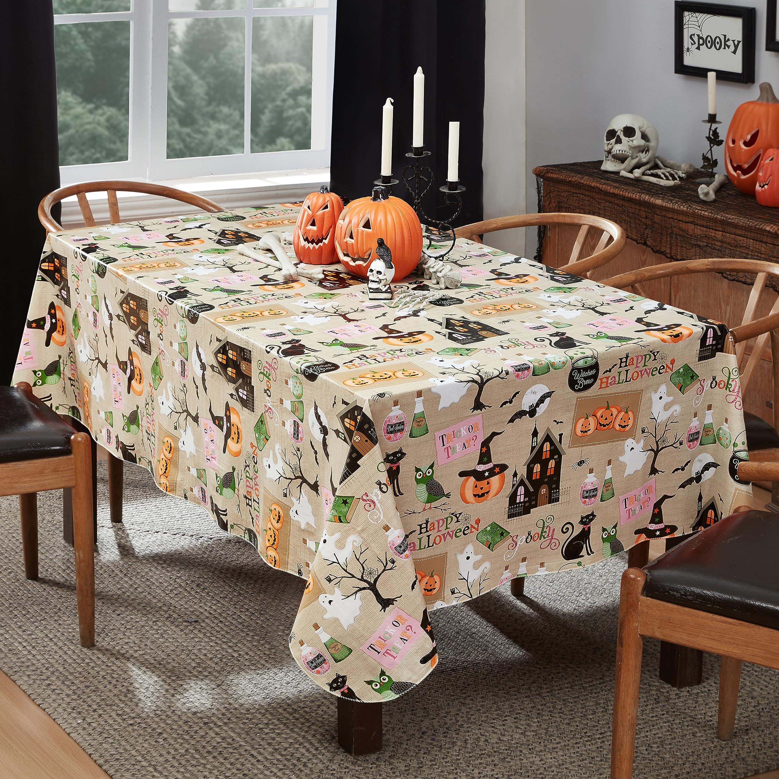 Newbridge Happy Halloween Witches Brew 52 X 52 Inch Square Vinyl Tablecloth With Flannel Backing, Witch Spells, Ghosts, Bats And