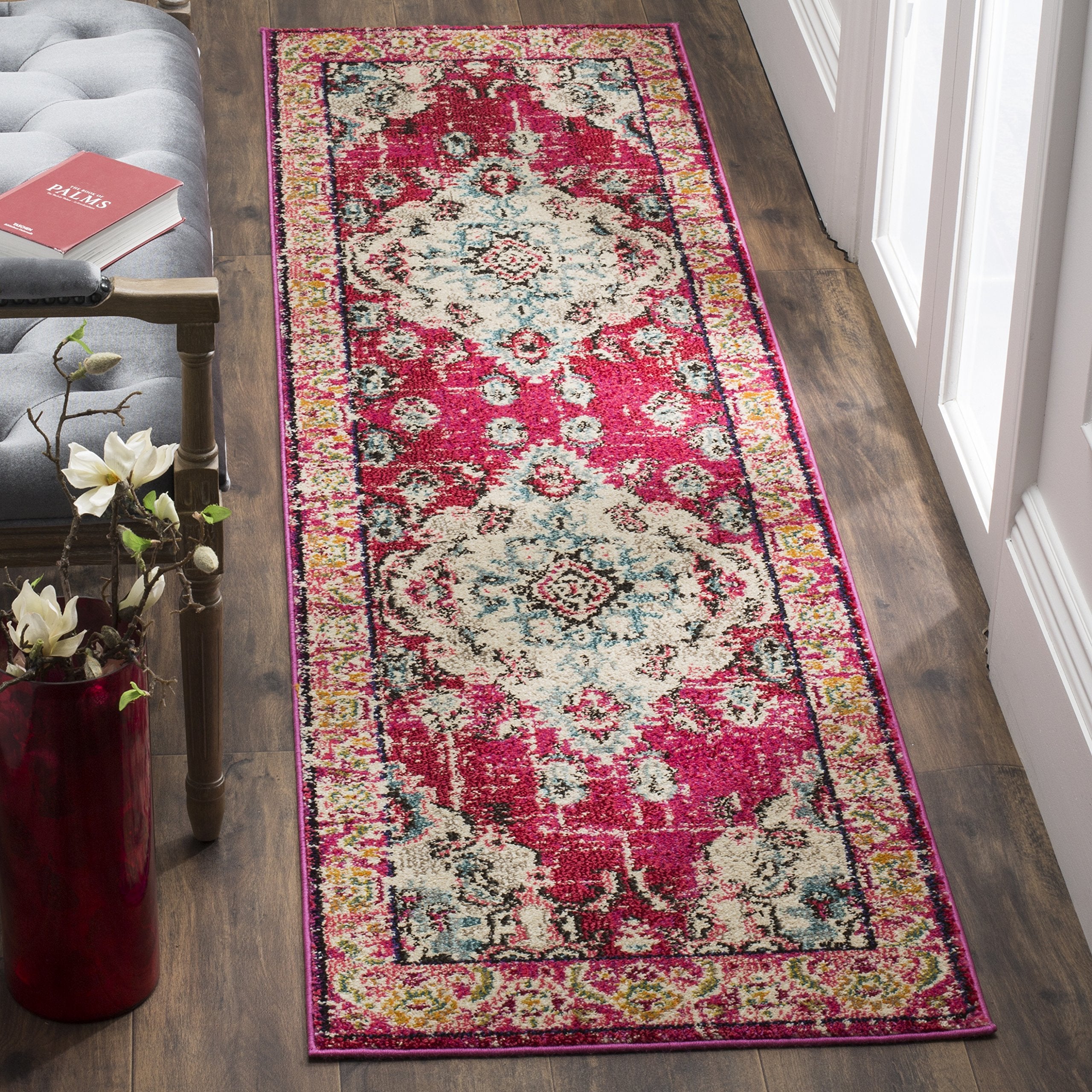 SAFAVIEH Monaco Collection Runner Rug - 22 x 6, Pink & Multi, Boho Chic Medallion Distressed Design, Non-Shedding & Easy Care,