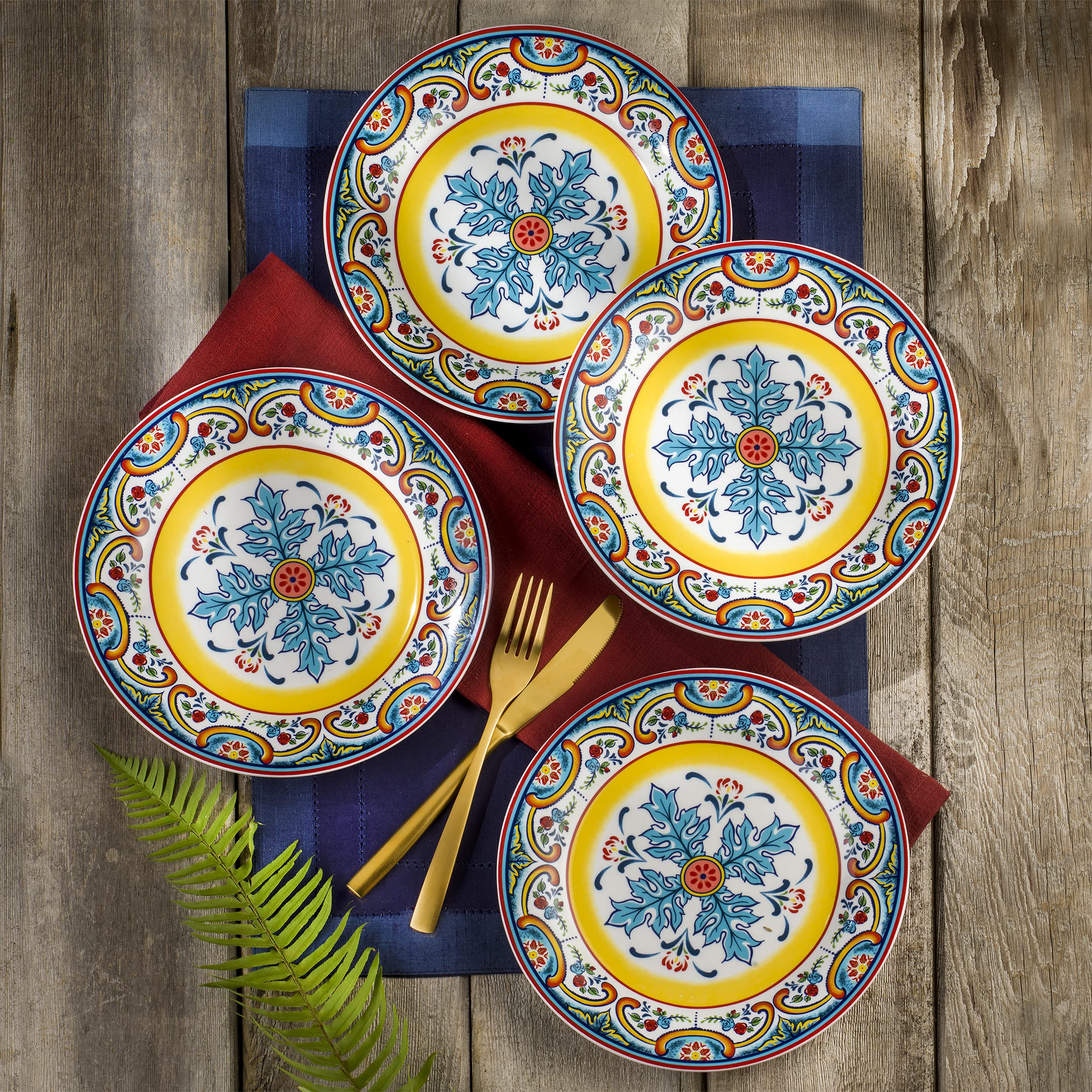 Euro Ceramica Zanzibar Collection Vibrant 8.7'' Ceramic Salad/Dessert Plates, Set Of 4, Spanish Floral Design, Multicolor