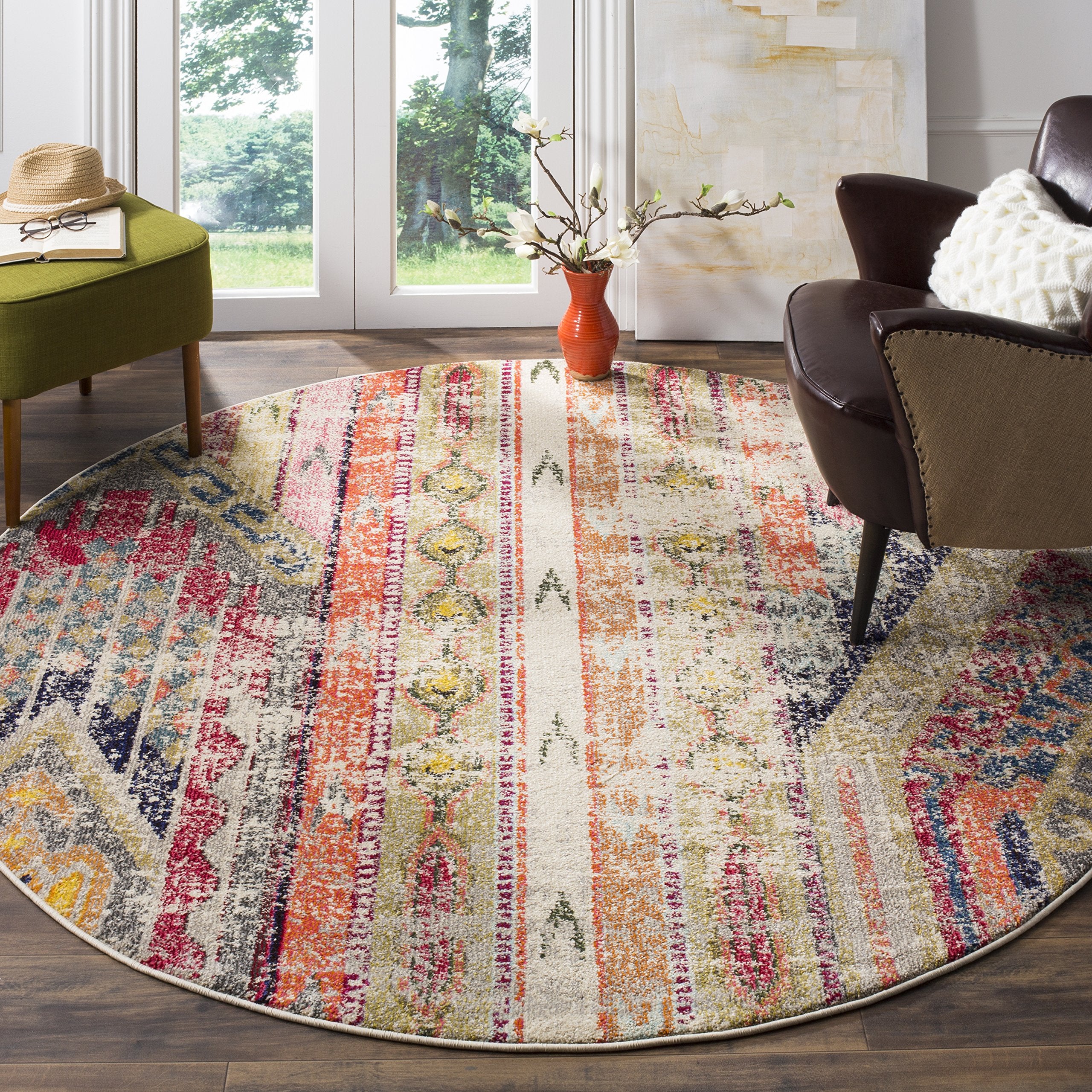 SAFAVIEH Monaco Collection Area Rug - 67 Round, Light Grey & Multi, Boho Chic Tribal Distressed Design, Non-Shedding & Easy Car
