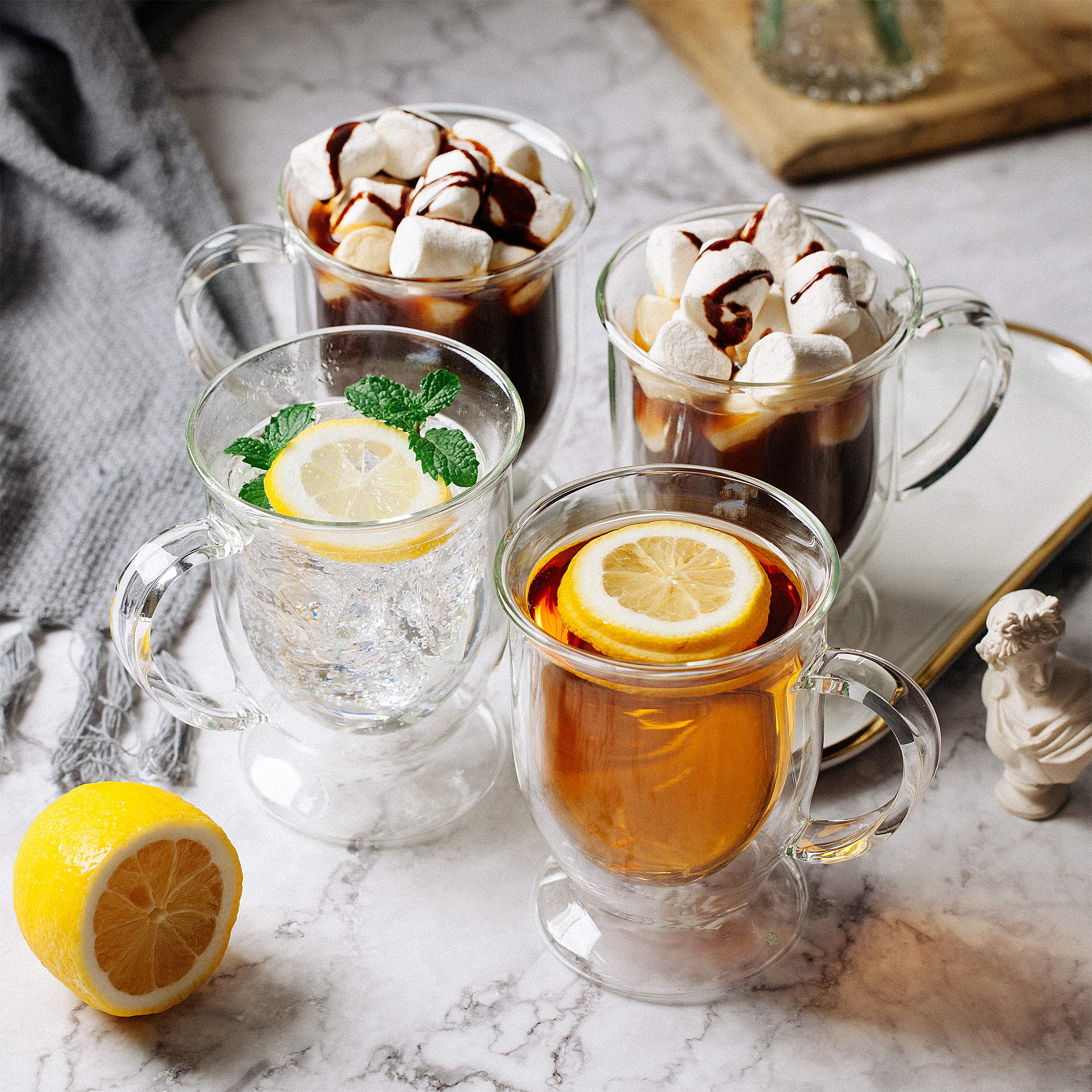 Brew To A Tea- Double Wall Glass Coffee Mugs, 16 Oz, Set Of 4, Clear, Insulated, Reusable, Microwave Safe, Dishwasher Safe, Moth