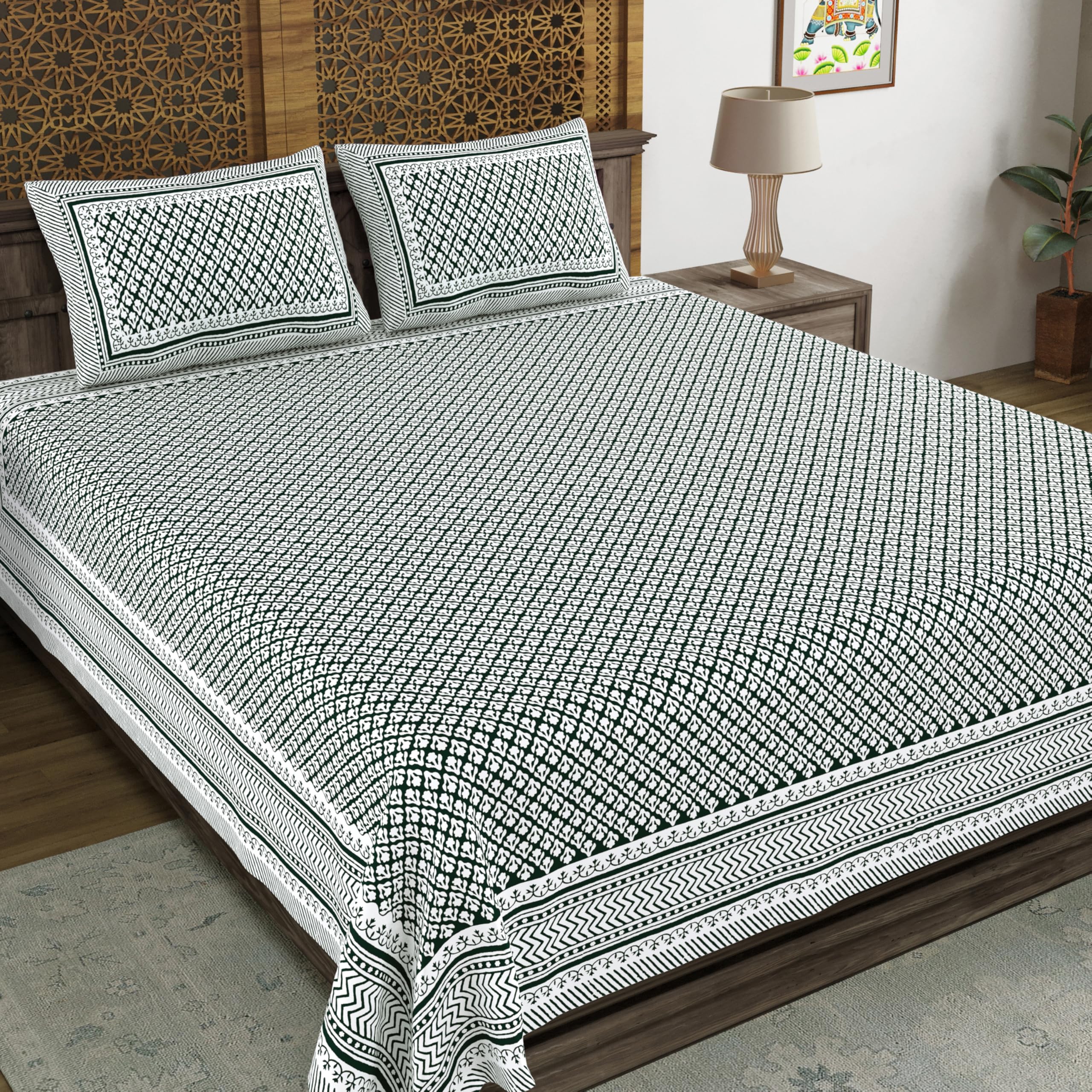 Blocks Of India Hand Block Printed 200 Tc Cotton Super King Size Bedsheet (Dark Green Gad Buti)