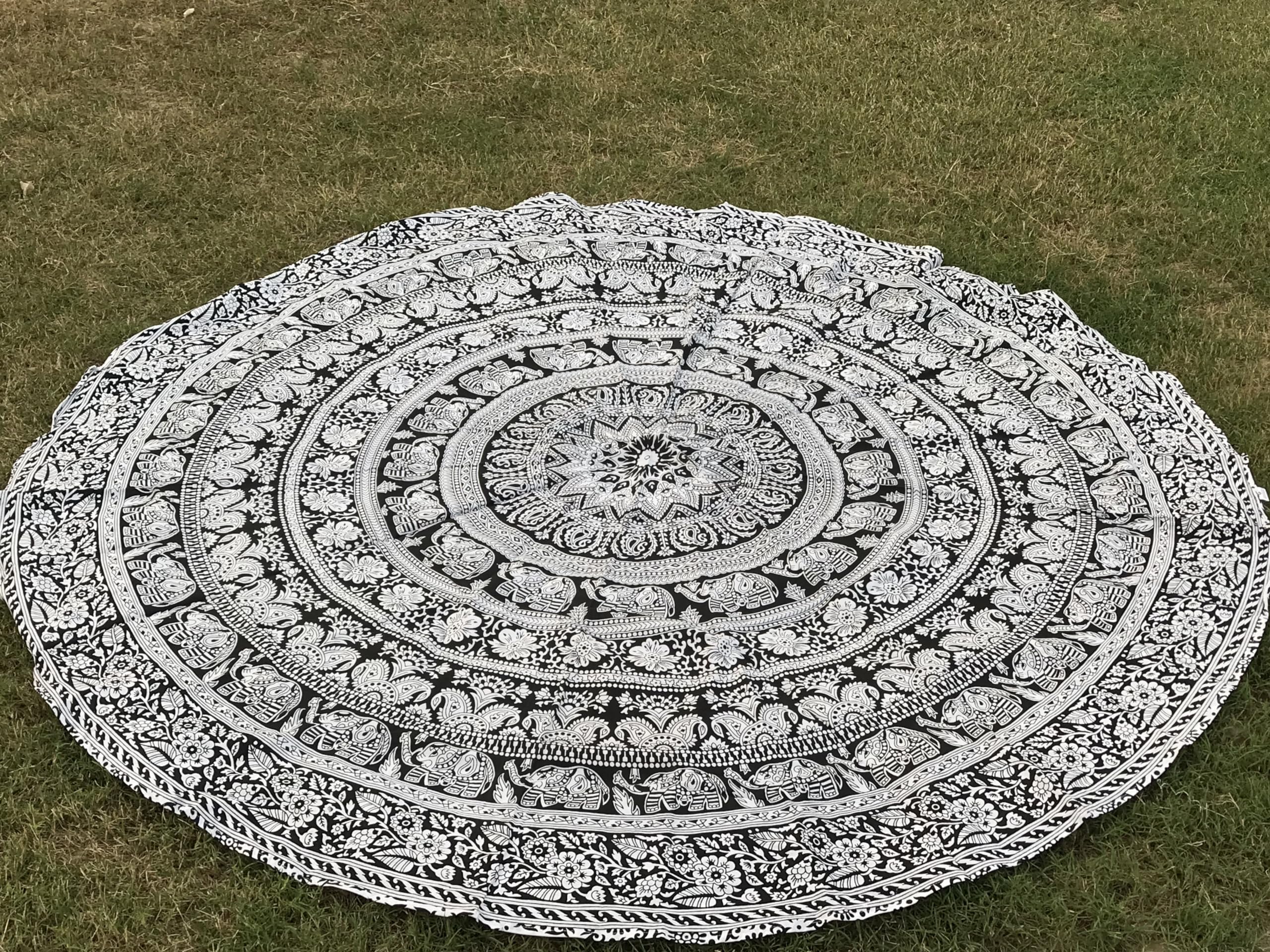 Raajsee Black White Round Beach Tapestry Hippie/Boho Beach Blanket Mandala Roundie/Indian Cotton Throw - Round Table Cloth/Home