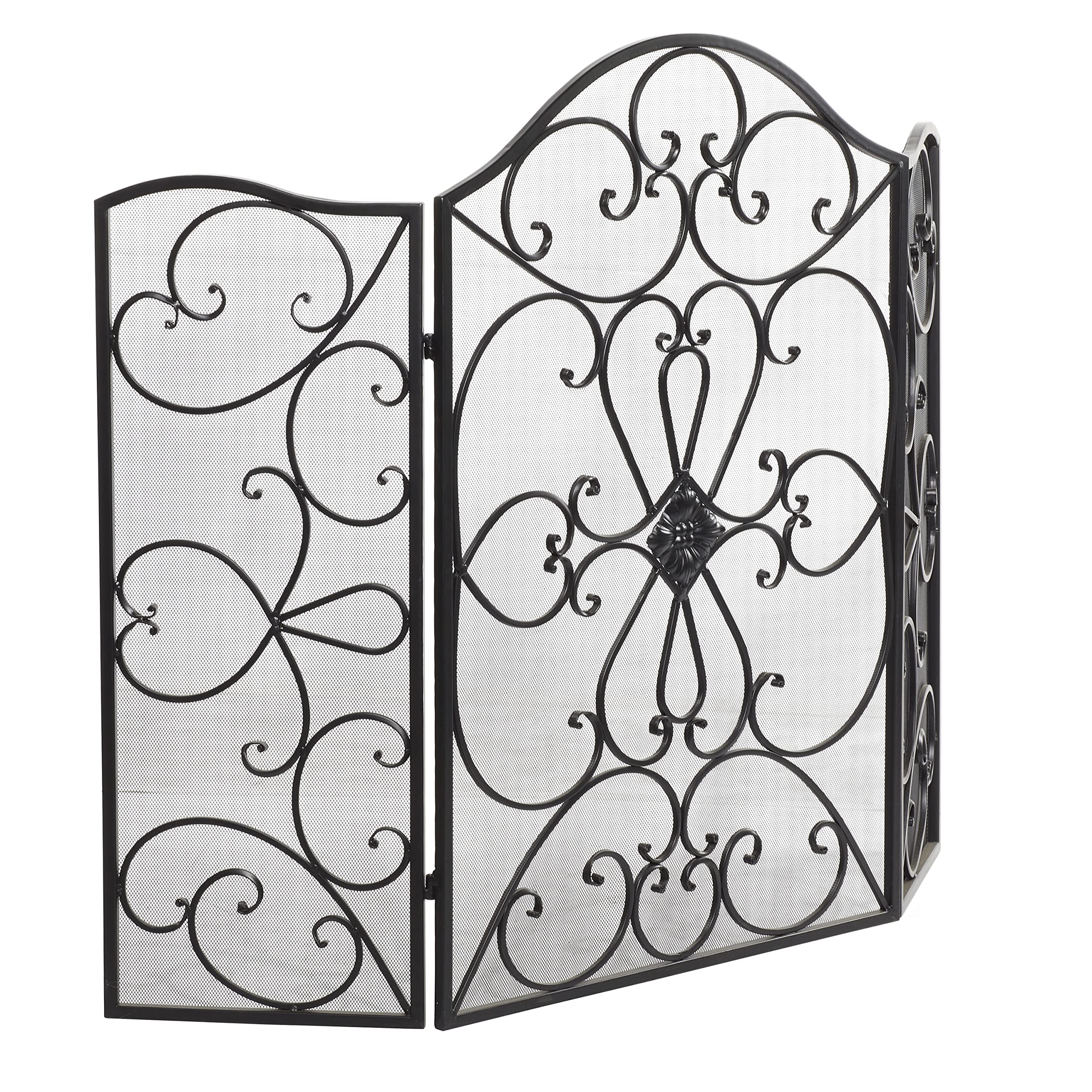 Deco 79 Metal Scroll Foldable 3 Panel Fireplace Screen With Mesh Netting, 49'' X 1'' X 36'', Black