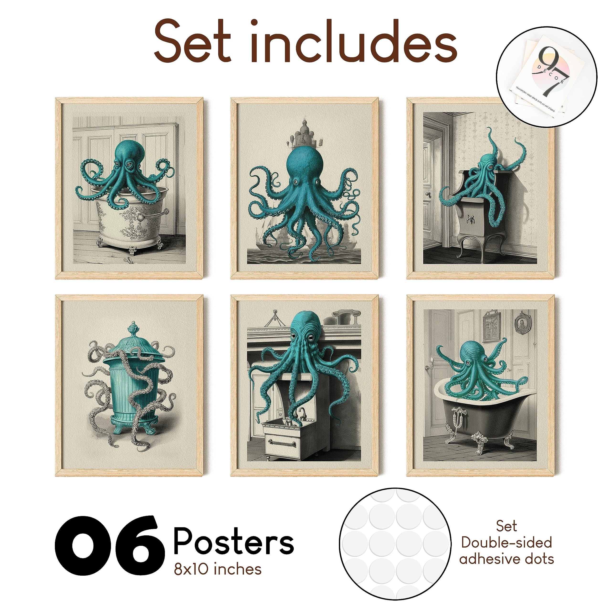 97 Decor Vintage Octopus Wall Art - Nautical Bathroom Decor, 8x10 Inches, Unframed, Sea Monster Artwork
