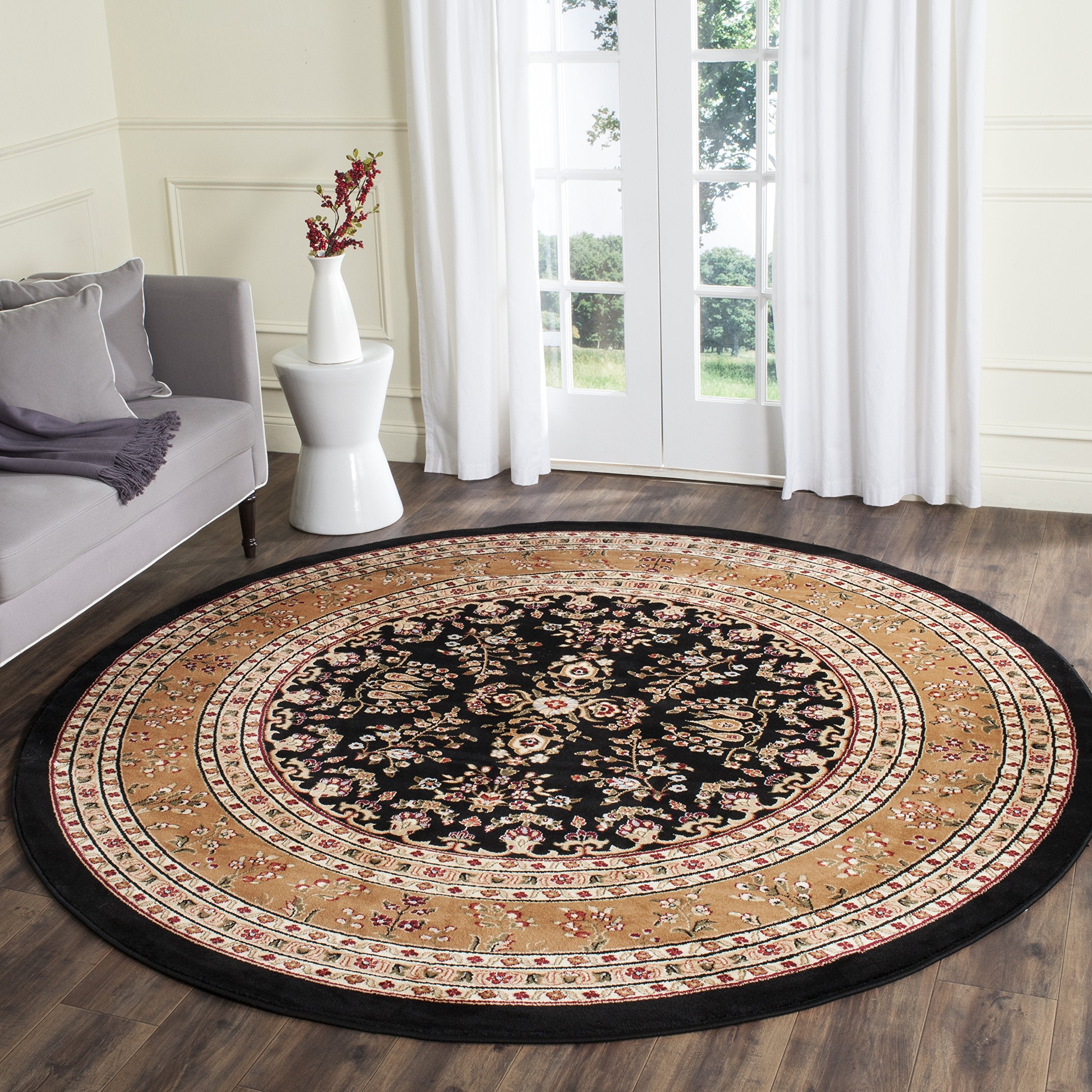 SAFAVIEH Lyndhurst Collection 8 Round Black / Tan LNH331D Traditional Oriental Non-Shedding Dining Room Entryway Foyer Living R