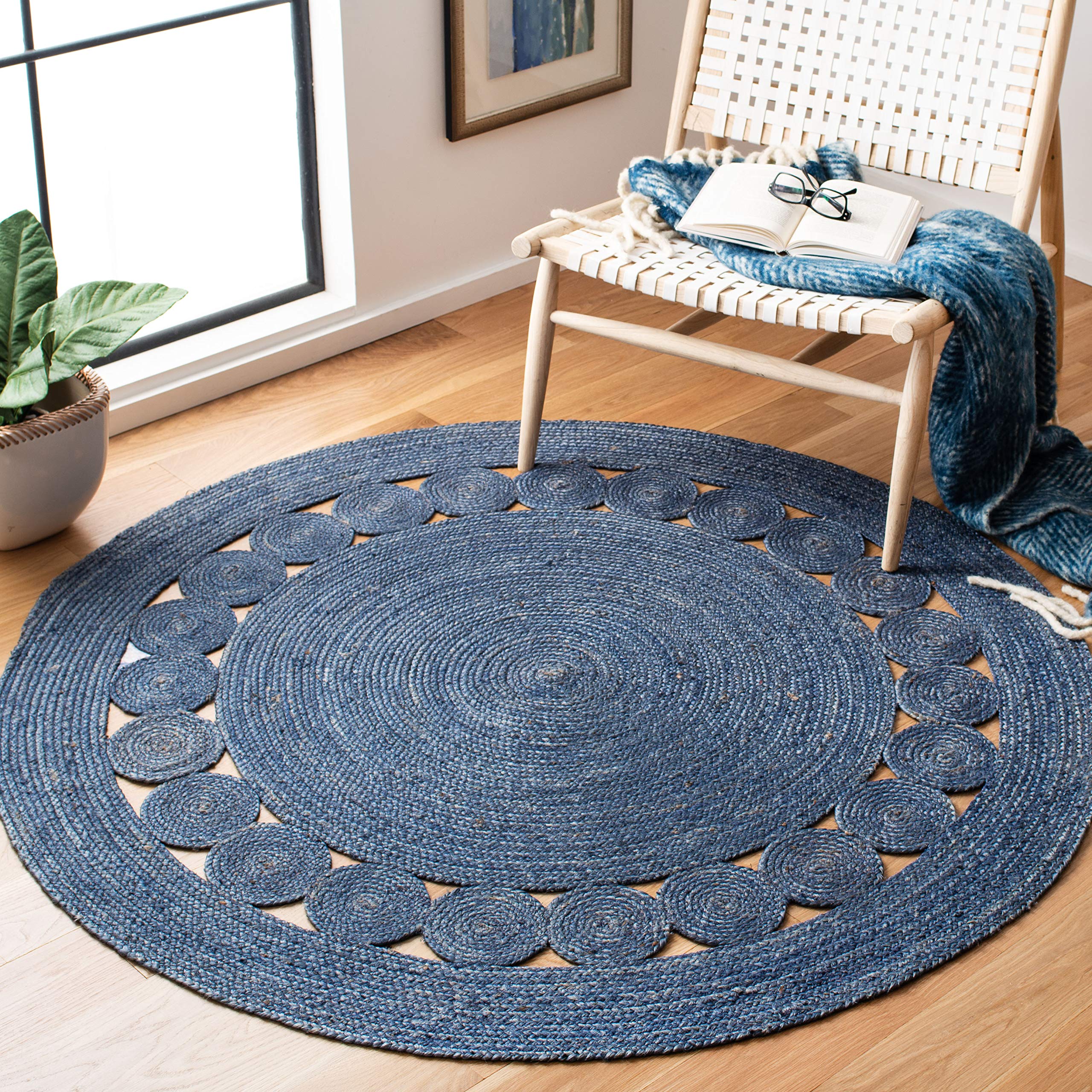 SAFAVIEH Natural Fiber Round Collection 4 Round Navy NF364N Handmade Boho Charm Farmhouse Jute Area Rug