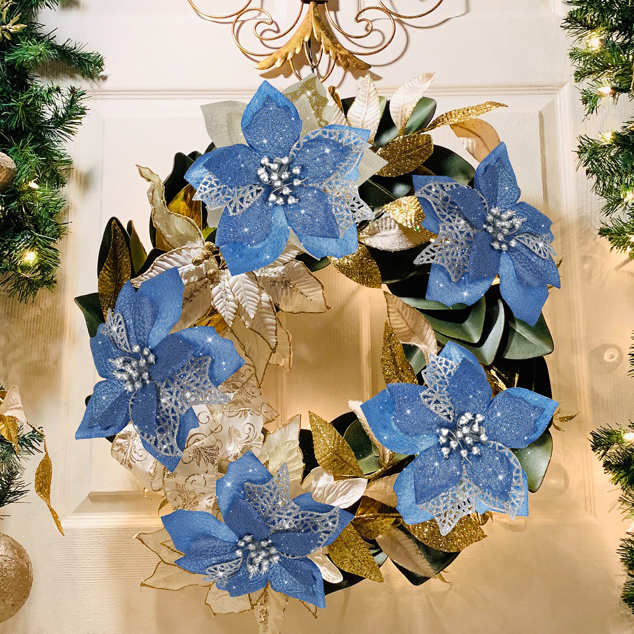 12 PCS Poinsettia Flower Artificial Poinsettia Christmas Decoration 5.9 Blue Glitter Poinsettias Christmas Ornaments Christmas