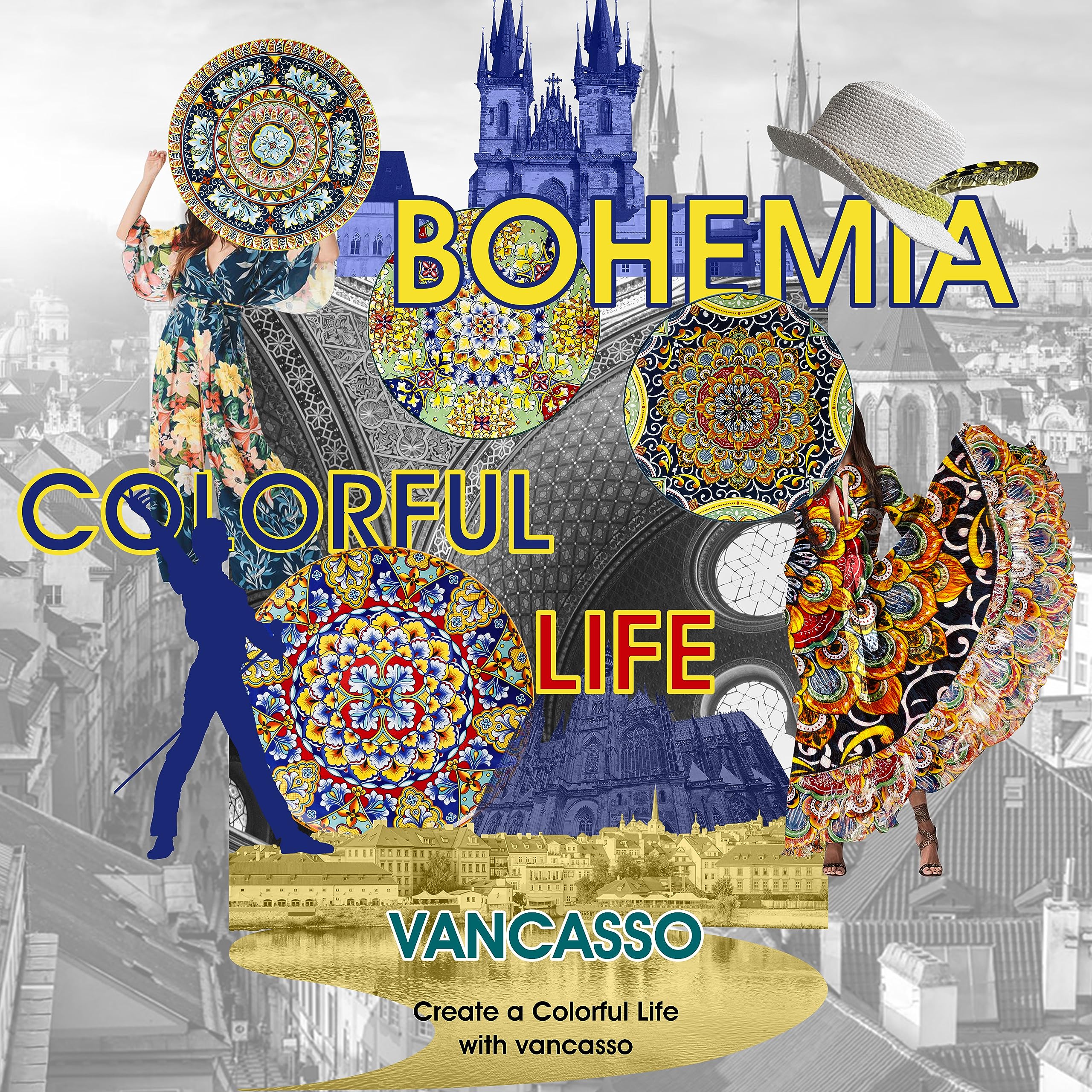 vancasso Salad Plates Set of 6, 8.5" Porcelain, Bohemian Style, Microwave & Dishwasher Safe, Colorful Small Dinner Plates