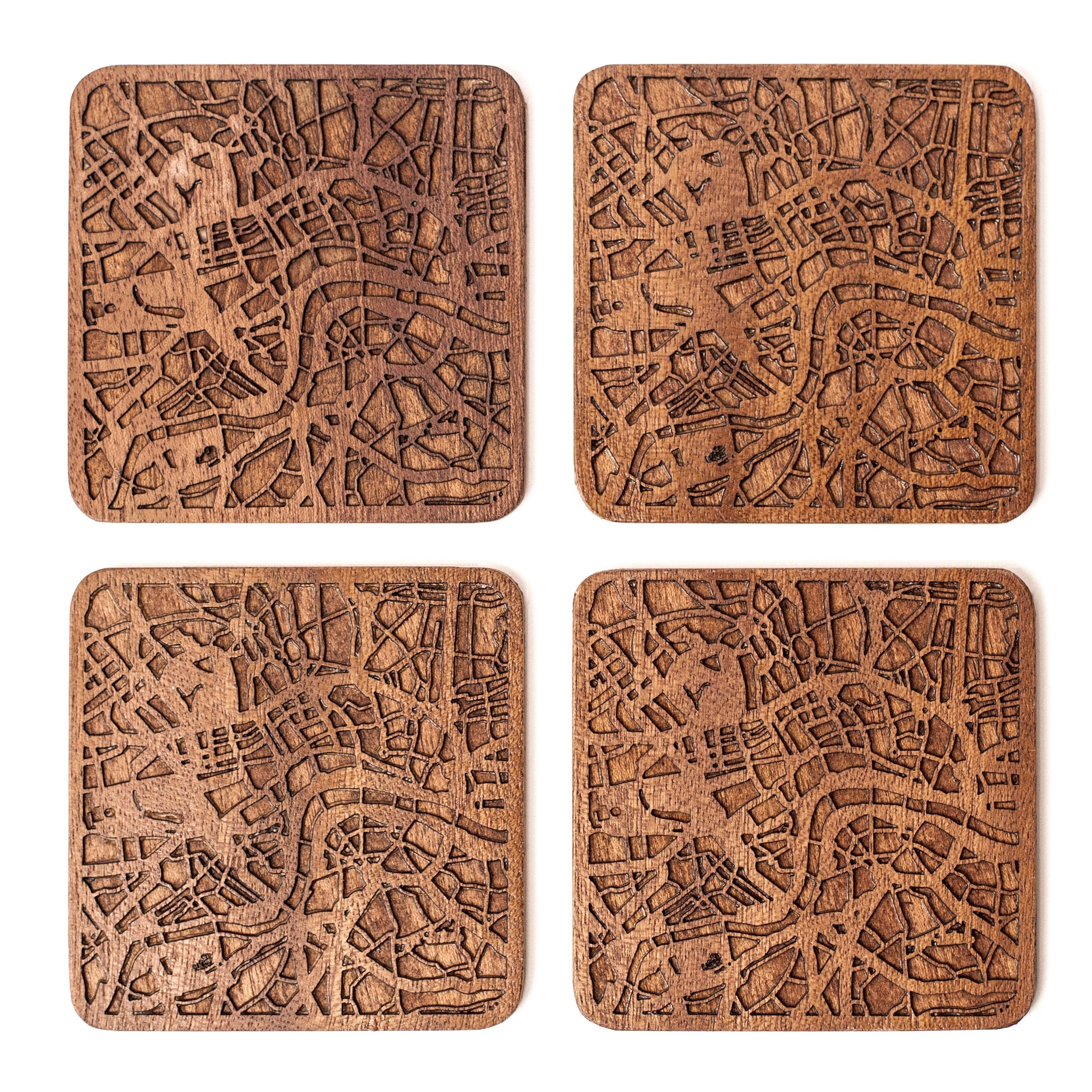 London Map Coaster By O3 Design Studio, Set Of 4, Sapele Wooden Coaster With City Map, Handmade