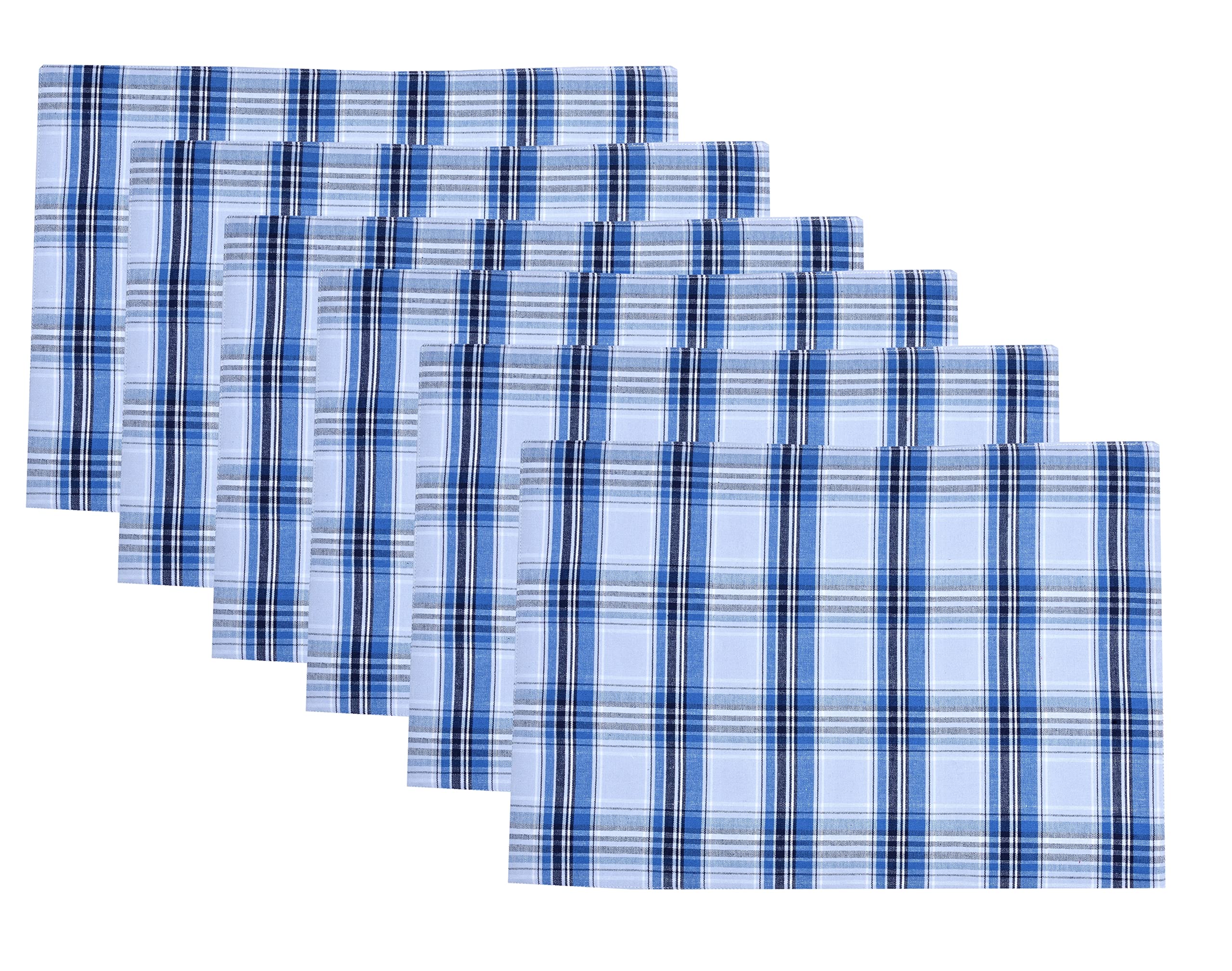 Urban Villa Christmas Placemats Snow Blue Color Checked 100% Cotton Fused Placemats 14''X 20'' Over Sized Set Of 6 Use Heavier Q