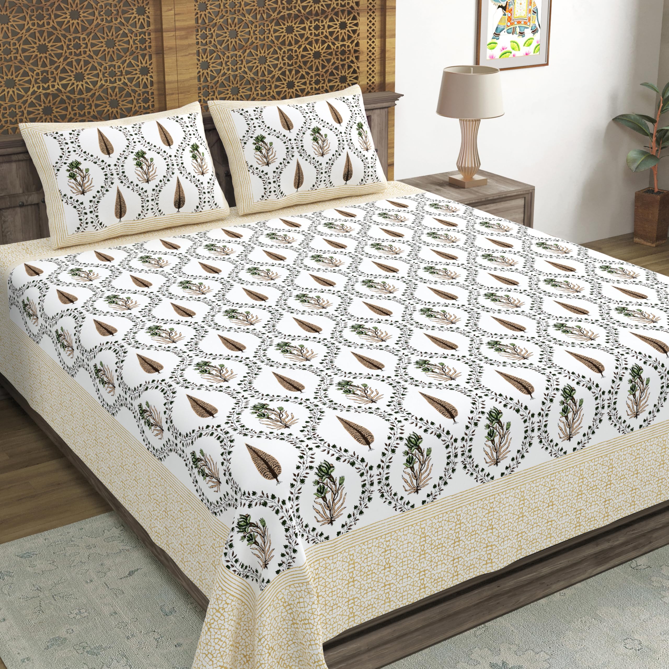 Blocks Of India Hand Block Printed 200 Tc Cotton Super King Size Bedsheet(106 X 106) | Pack Of 1, Cream Brown Patti