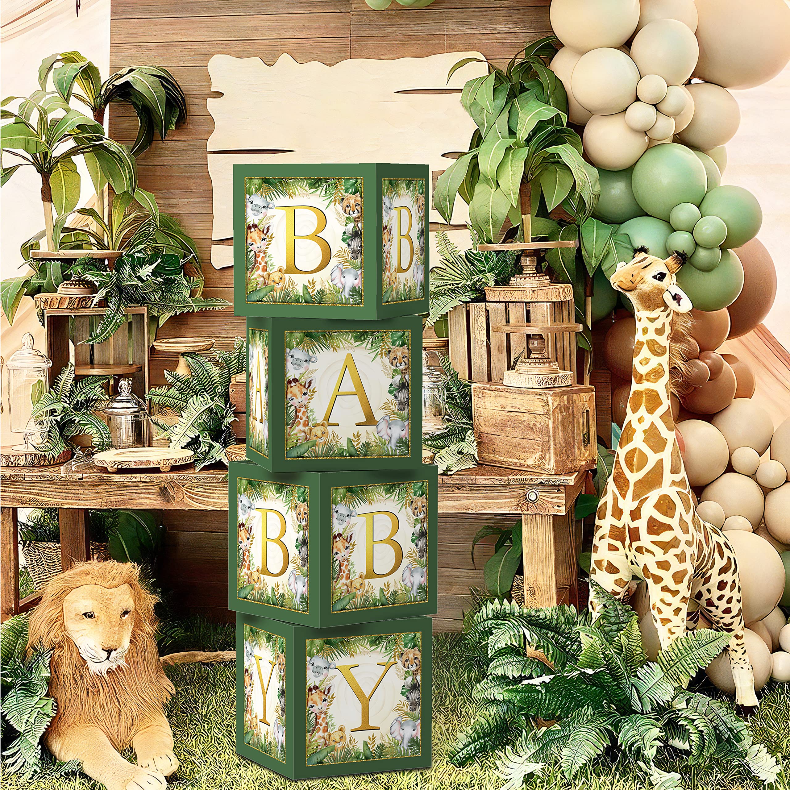 Jungle Safari Baby Boxes With Letters For Baby Shower Decorations Boy Girl Jungle Animal Theme Decor Balloon Blocks For Jungle S