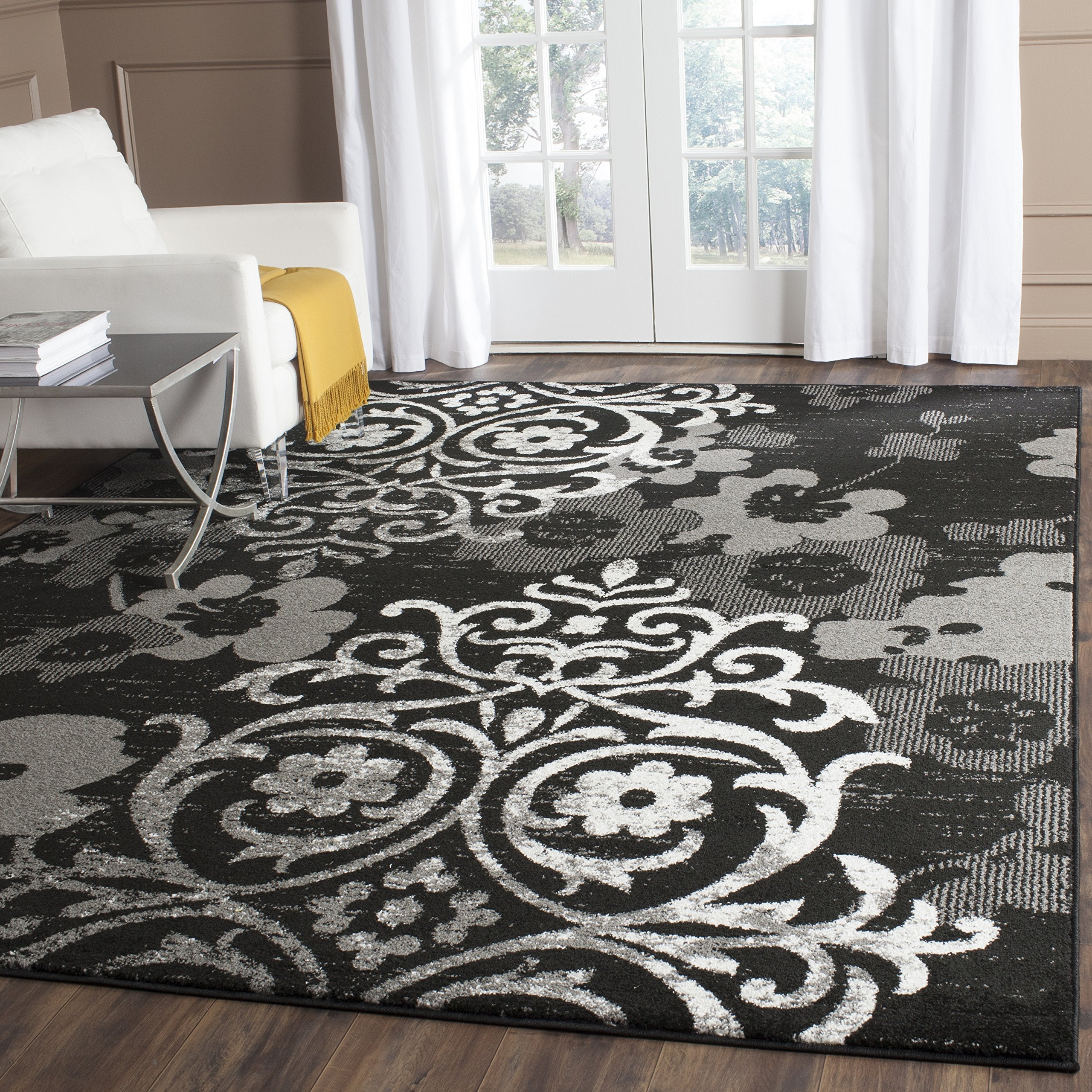 SAFAVIEH Adirondack Collection Area Rug - 8 x 10, Black & Silver, Floral Glam Damask Distressed Design, Non-Shedding & Easy Ca
